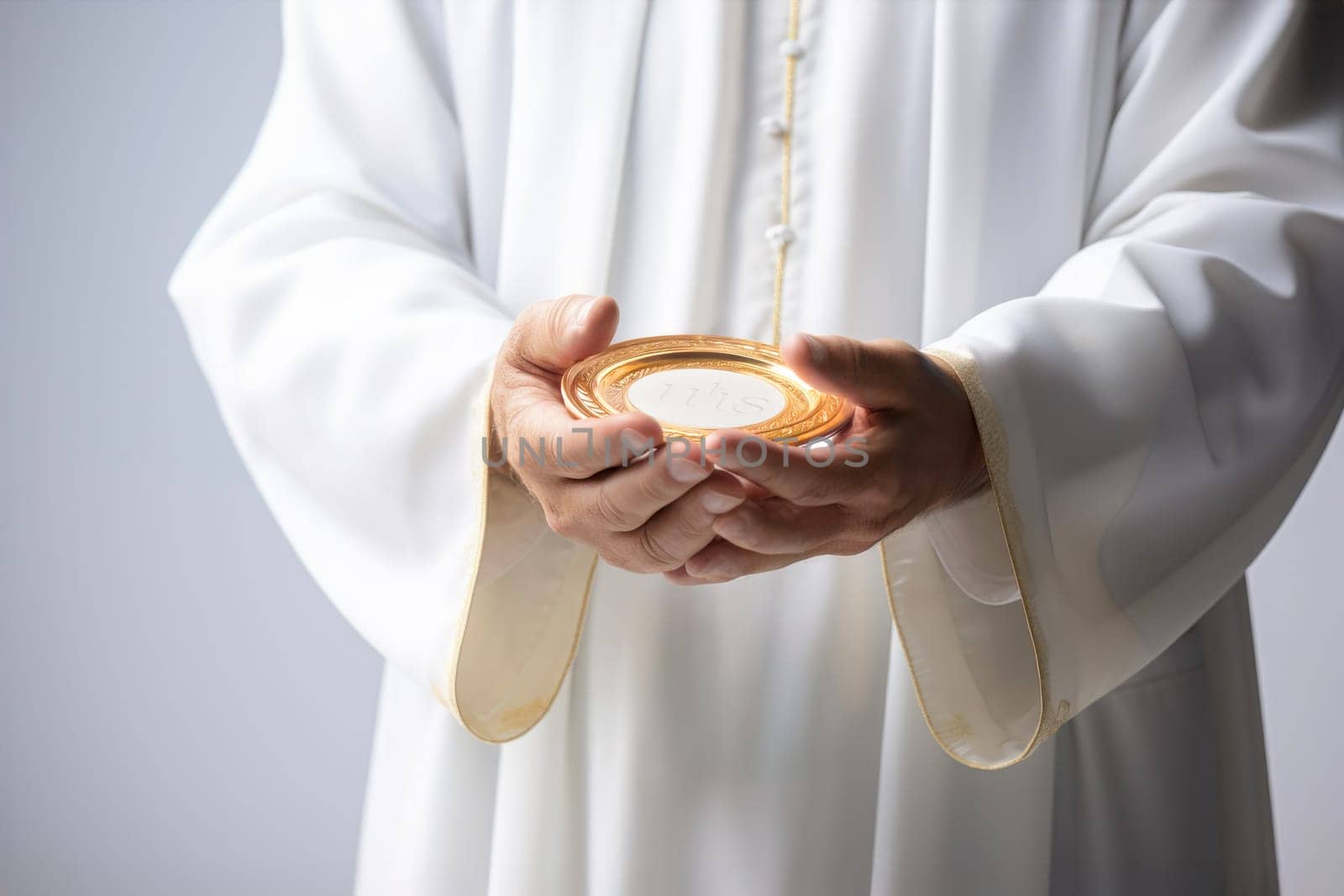 Sacred bread. Eucharistic body of Christ. Priest holding the hostia. Offertory, Eucharistic Prayer, Consecration, Lord’s Prayer. Daily bread. The Most Holy Body and Blood of Christ