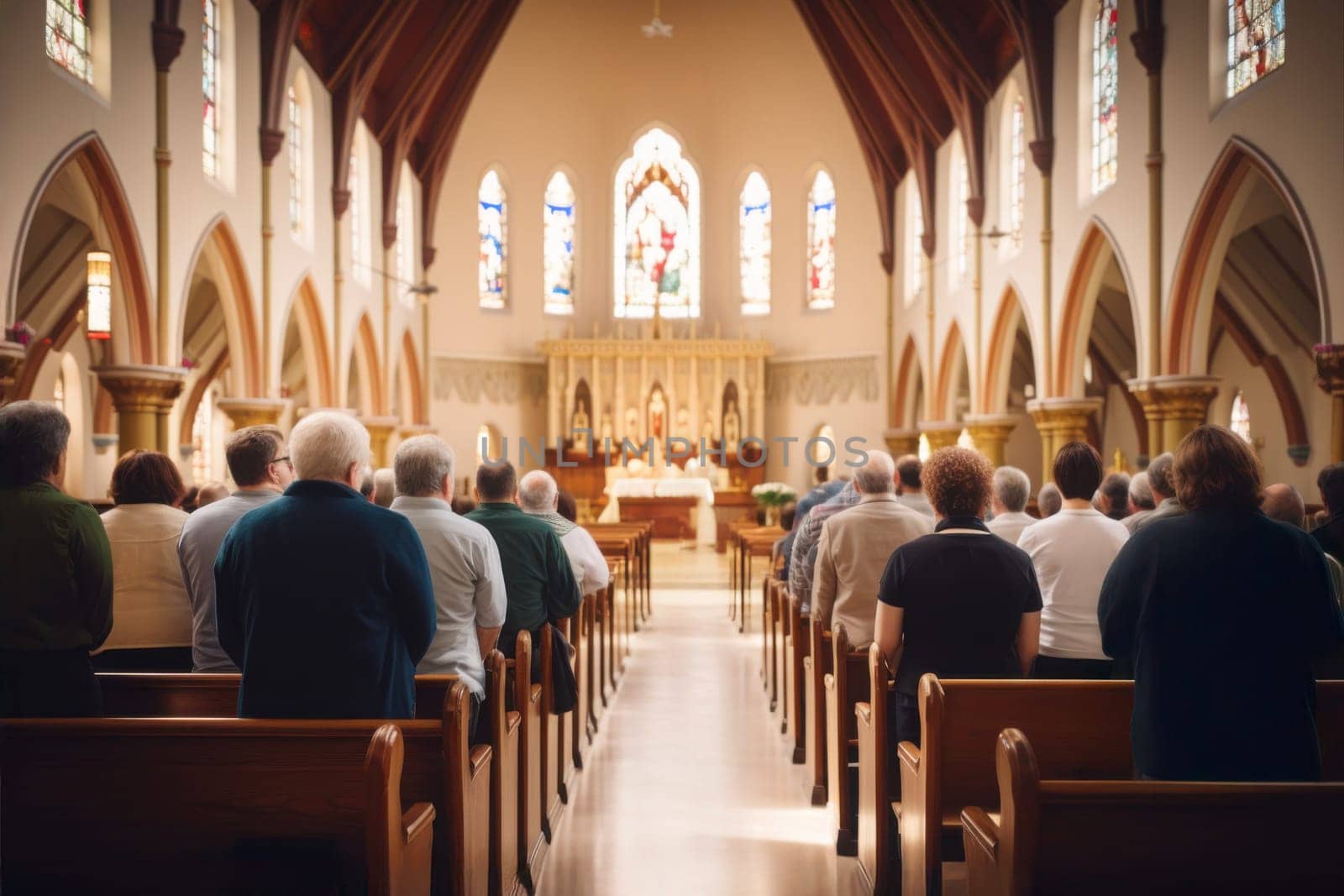 The congregation attending the Holy Mass. People praying in a church. Holy mass in Christian church. Listen to the homily during the service. Interior of the cathedral