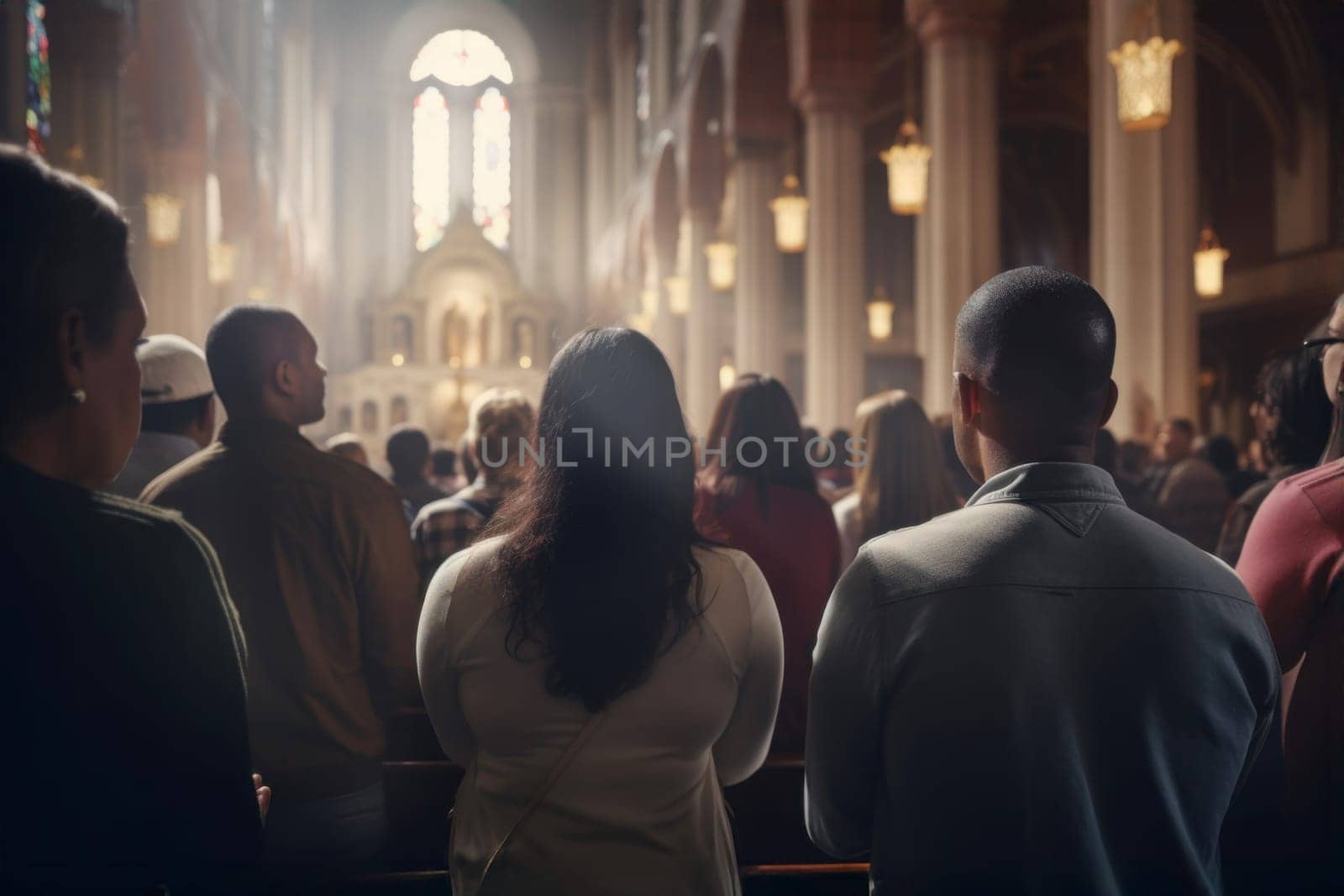 The congregation attending the Holy Mass. People praying in a church. Holy mass in Christian church. Listen to the homily during the service. Interior of the cathedral