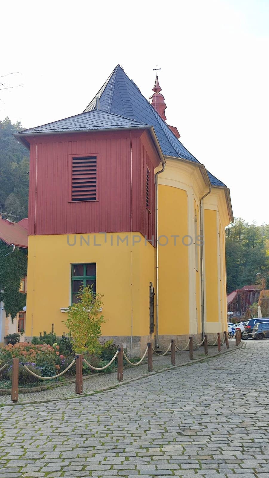 Yellow church street building architecture windows . High quality photo