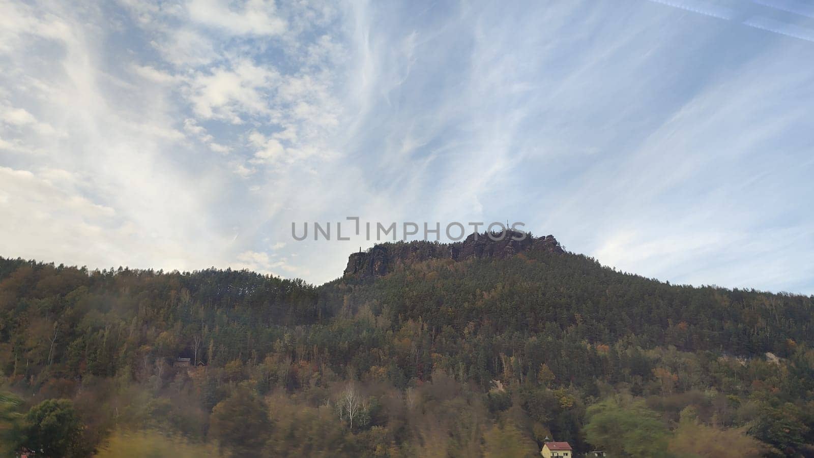 Mountain forest sky nature green grass plants autumn trees summer travel landscape blue sky . High quality photo