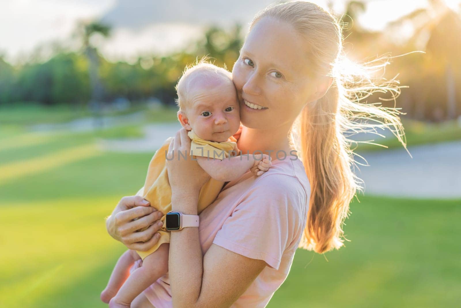 Young mother enjoying a peaceful walk in the park with her one-month-old baby. Motherhood, bonding, and outdoor family time concept.