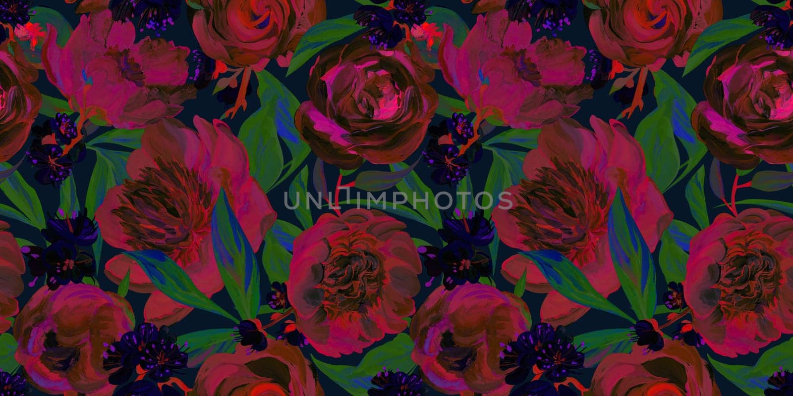Seamless spring pattern drawn in gouache with dark peonies for trxtile