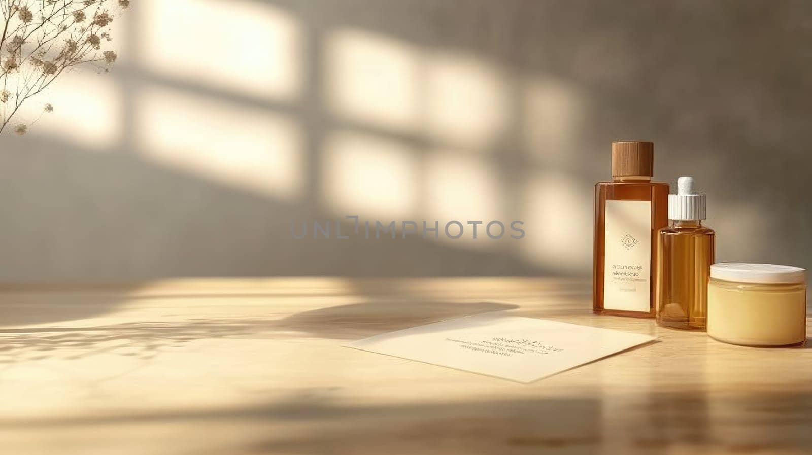 Natural skincare products are arranged on a wooden table bathed in warm sunlight, creating a serene atmosphere. Simple designs enhance their appeal, inviting a calming experience.