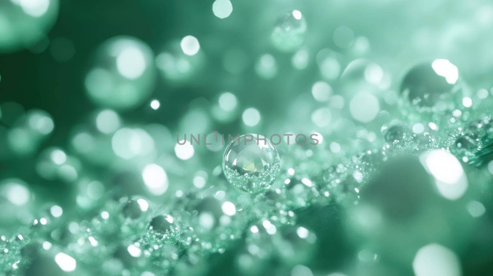 Close-up captures the beauty of water droplets glistening under soft light, creating an enchanting turquoise atmosphere filled with sparkling reflections.