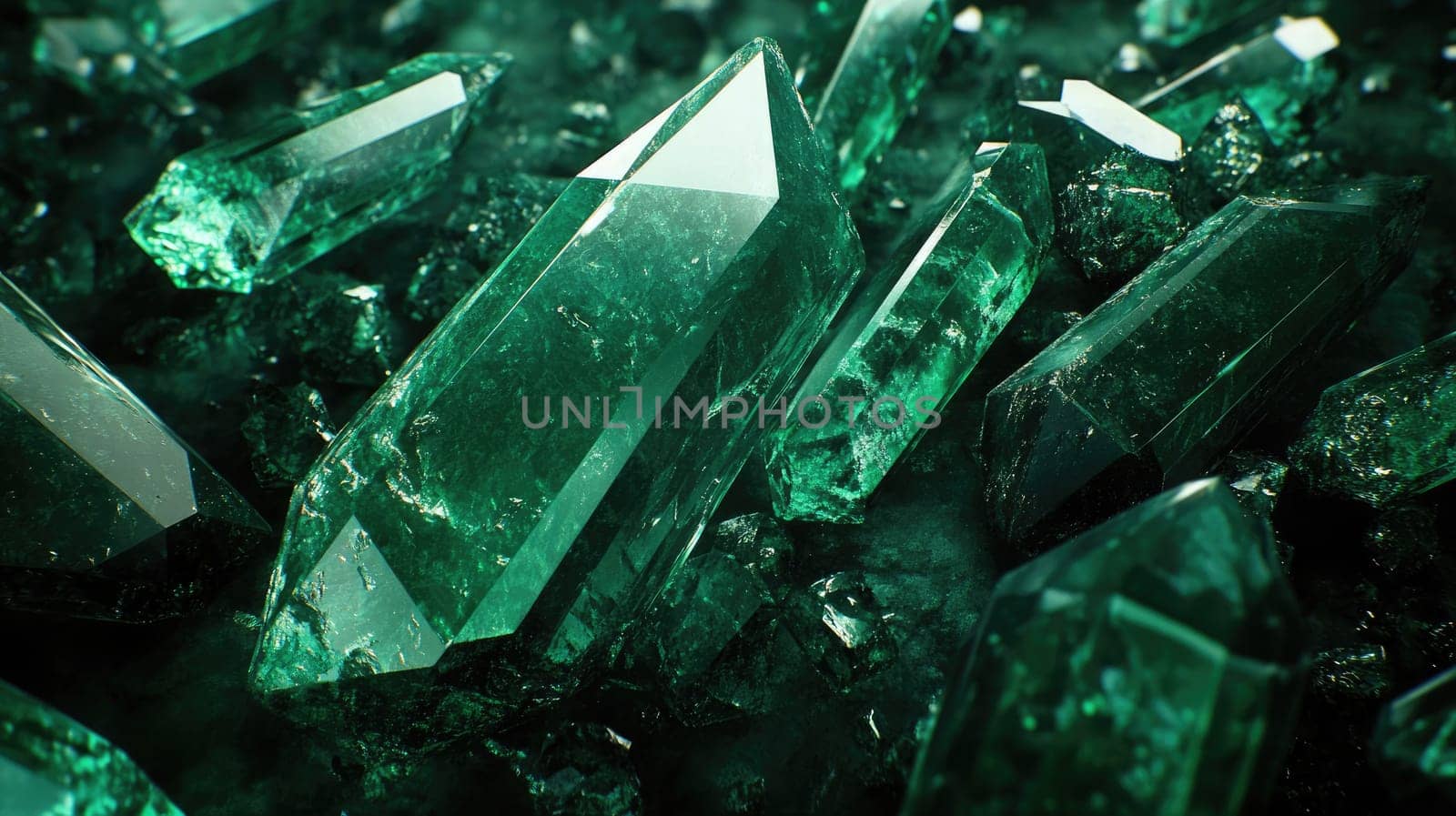 Shimmering green crystals are scattered across a dark backdrop, reflecting light and creating a stunning display of unique shapes and textures. The composition highlights their natural beauty.