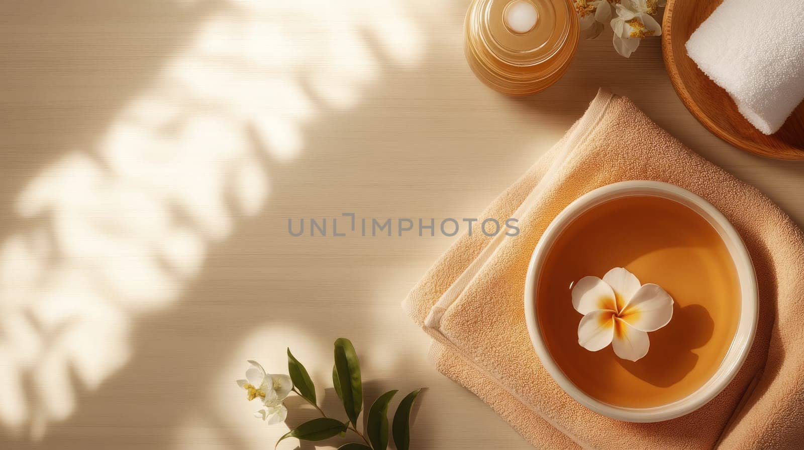 A tranquil spa environment features a bowl of herbal infusion with a delicate flower, soft towels, and aromatic oils, creating a serene atmosphere for relaxation.