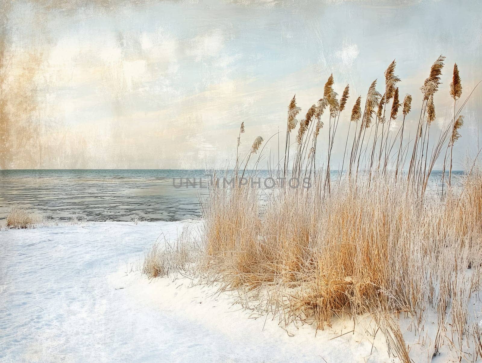 Tall golden grasses line the snowy shore of a tranquil lake. Soft light reflects on the water, creating a peaceful winter scene at dawn, with gently textured clouds above.