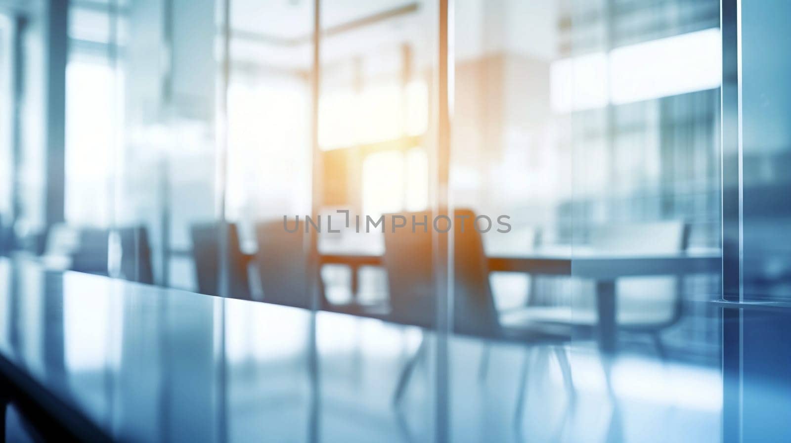 Bright light floods a contemporary office space through glass walls, showcasing empty chairs around a central table, creating an inviting atmosphere for collaboration - Generative AI