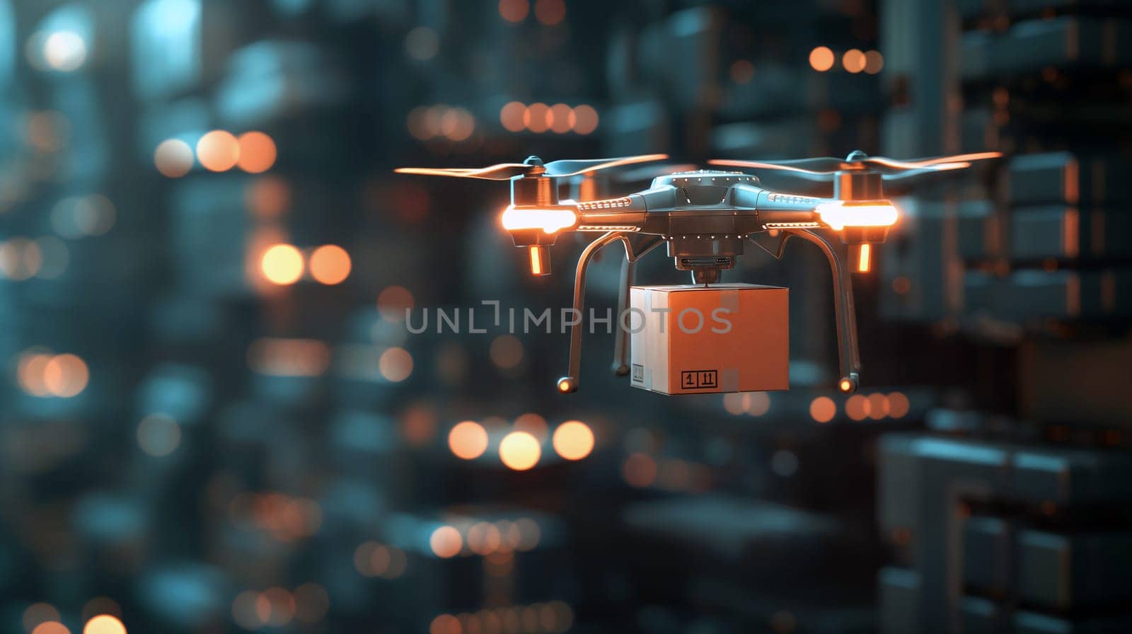 A drone hovers in mid-air, carrying a small package through a vibrant, high-tech cityscape illuminated by countless lights, showcasing futuristic delivery systems - Generative AI