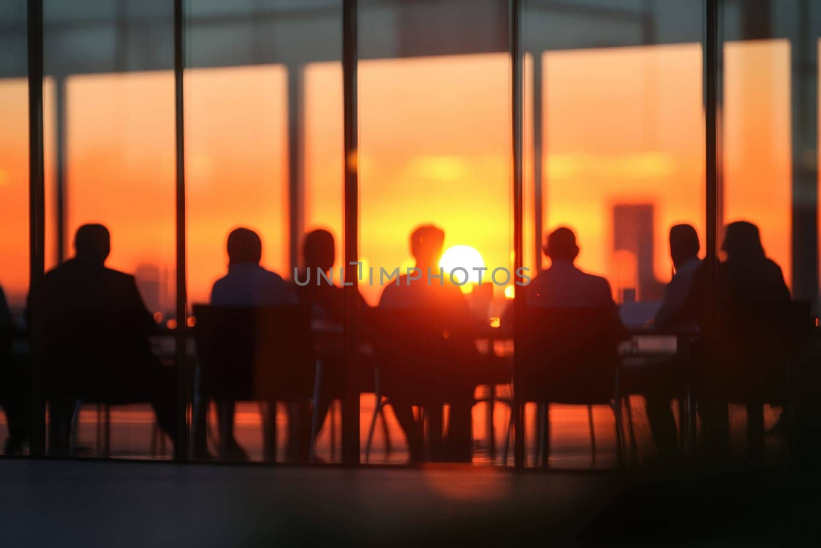 A defocused view captures a group of executives engaged in a meeting, framed by a stunning sunset. The warm glow enhances the corporate atmosphere and teamwork.