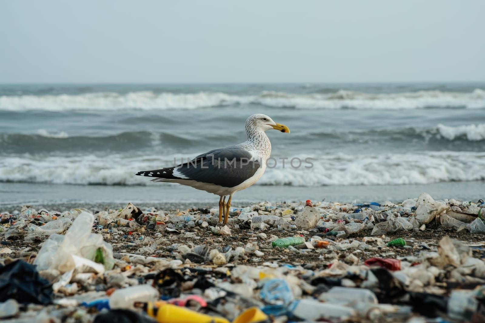 A solitary seagull stands on a beach cluttered with plastic waste, highlighting the pressing issue of ocean pollution and its impact on wildlife.