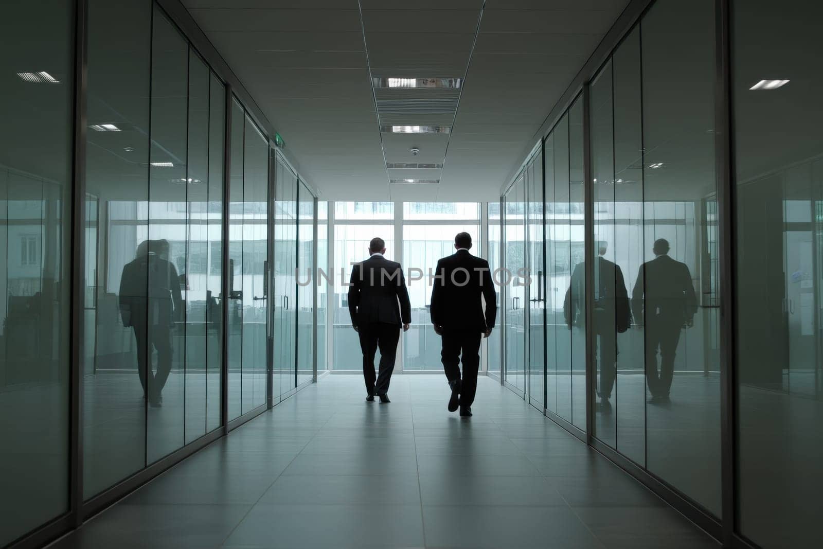 Two professionals in suits walk through a modern office hallway. Their silhouettes reflect a corporate environment emphasizing teamwork and career progression.