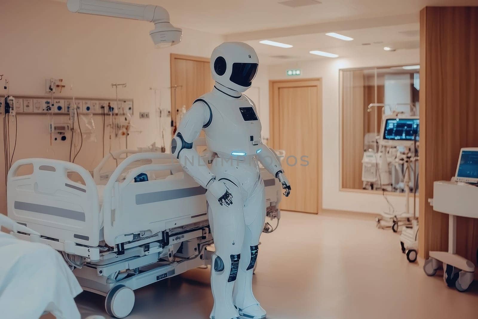 A humanoid robot in a modern medical facility, assisting a patient in recovery. This advanced technology enhances healthcare with efficient support and interaction.