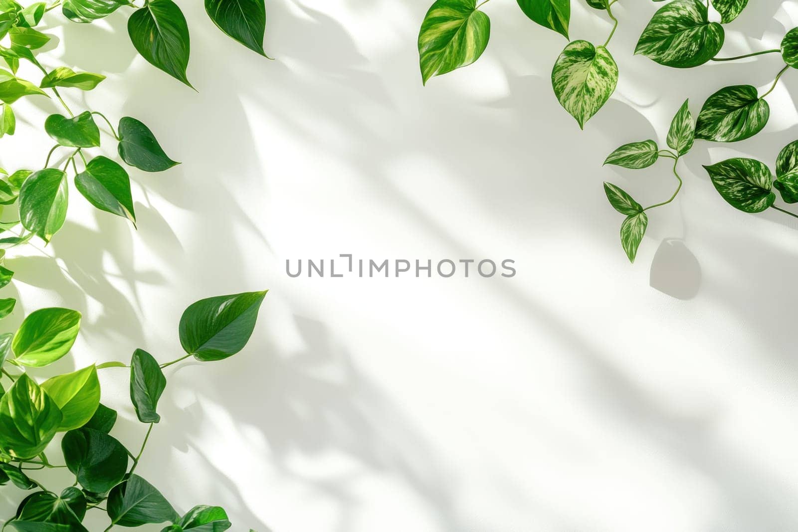 This image showcases vibrant tropical foliage with soft shadows, creating a serene and artistic atmosphere against a white background. Ideal for nature-themed designs.