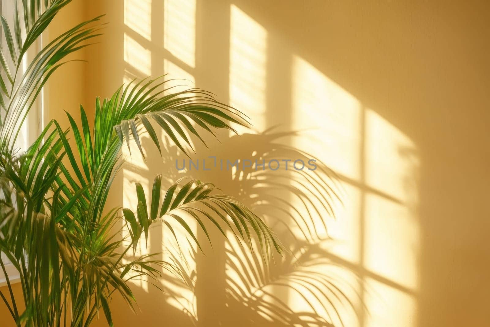 Experience the calming effect of subtle plant shadows projected on a soft yellow background. This minimalist image evokes tranquility and elegance in any space.