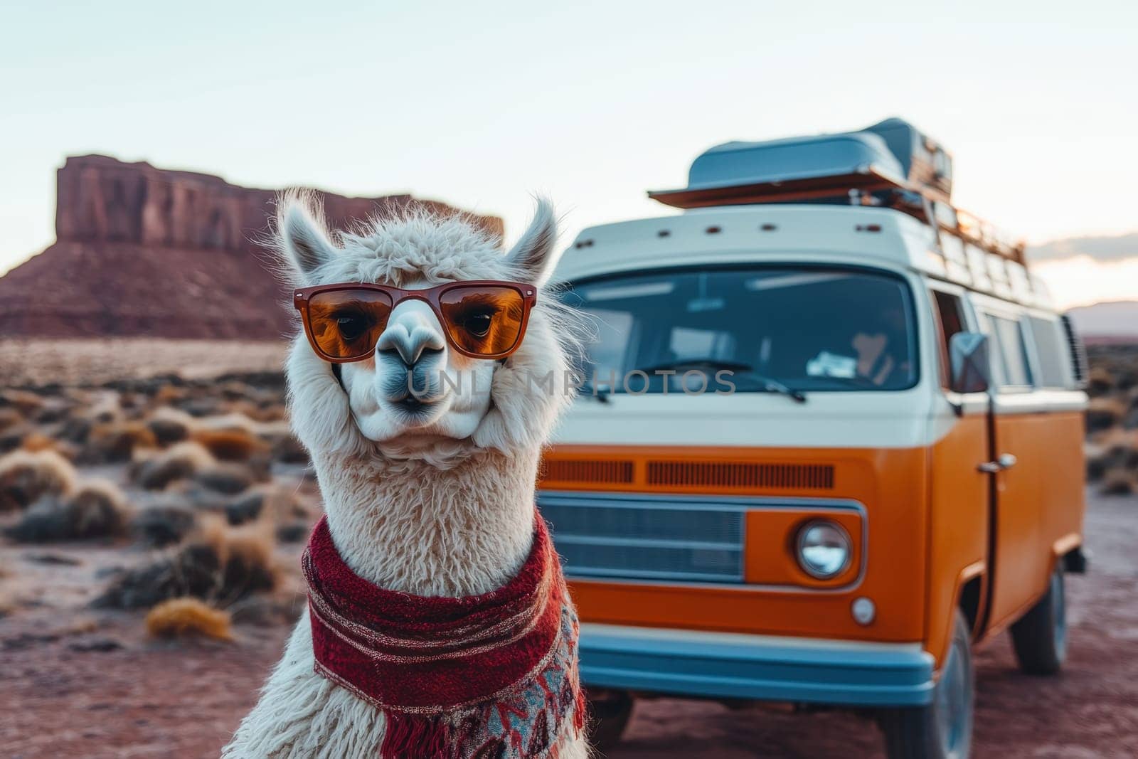 A fluffy alpaca stands confidently wearing sunglasses and a stylish scarf in a scenic desert landscape, complemented by a vintage van in the background.