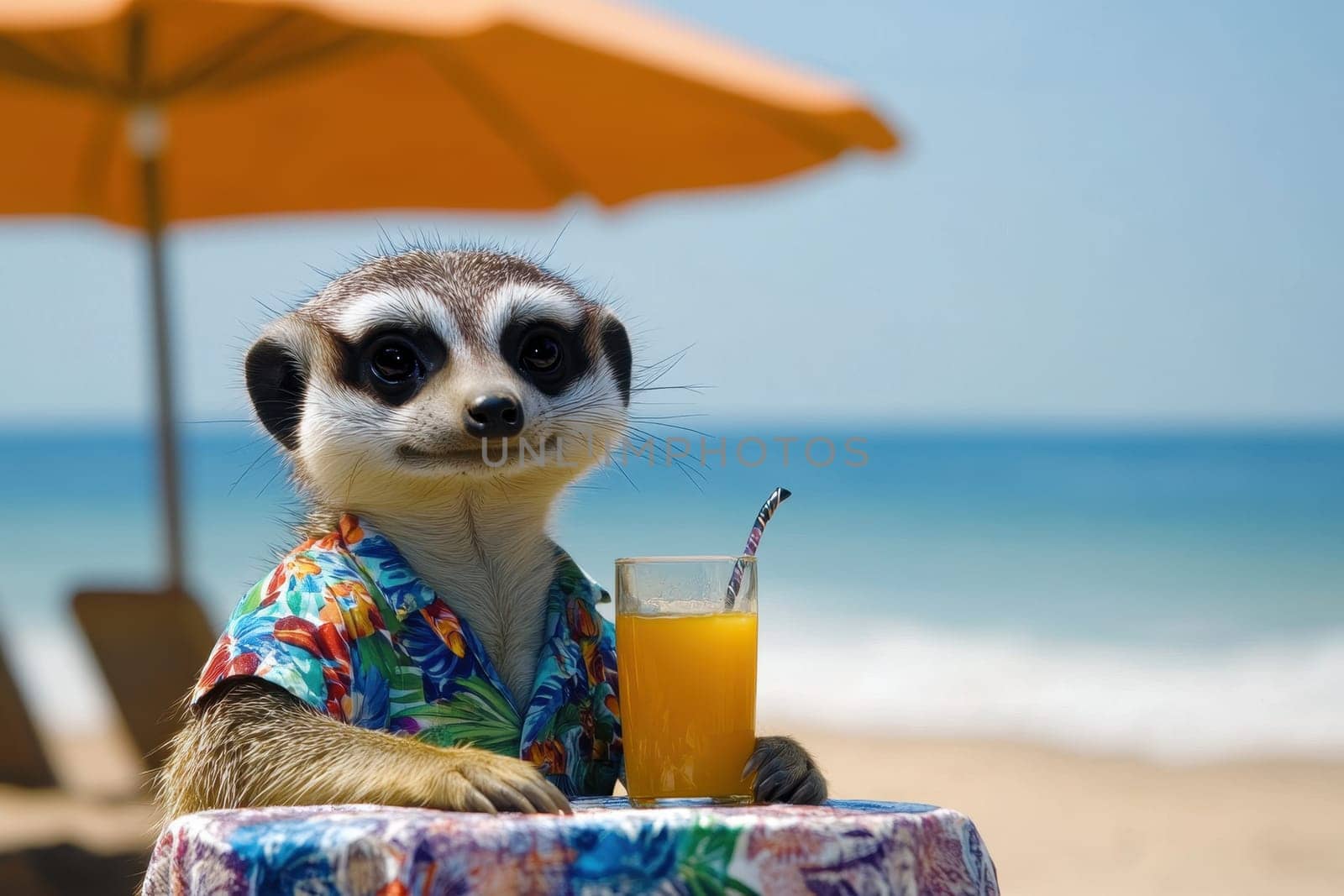 A cheerful meerkat wears a colorful Hawaiian shirt while sipping a refreshing drink on the beach. Perfect for summer-themed projects or animal lovers!