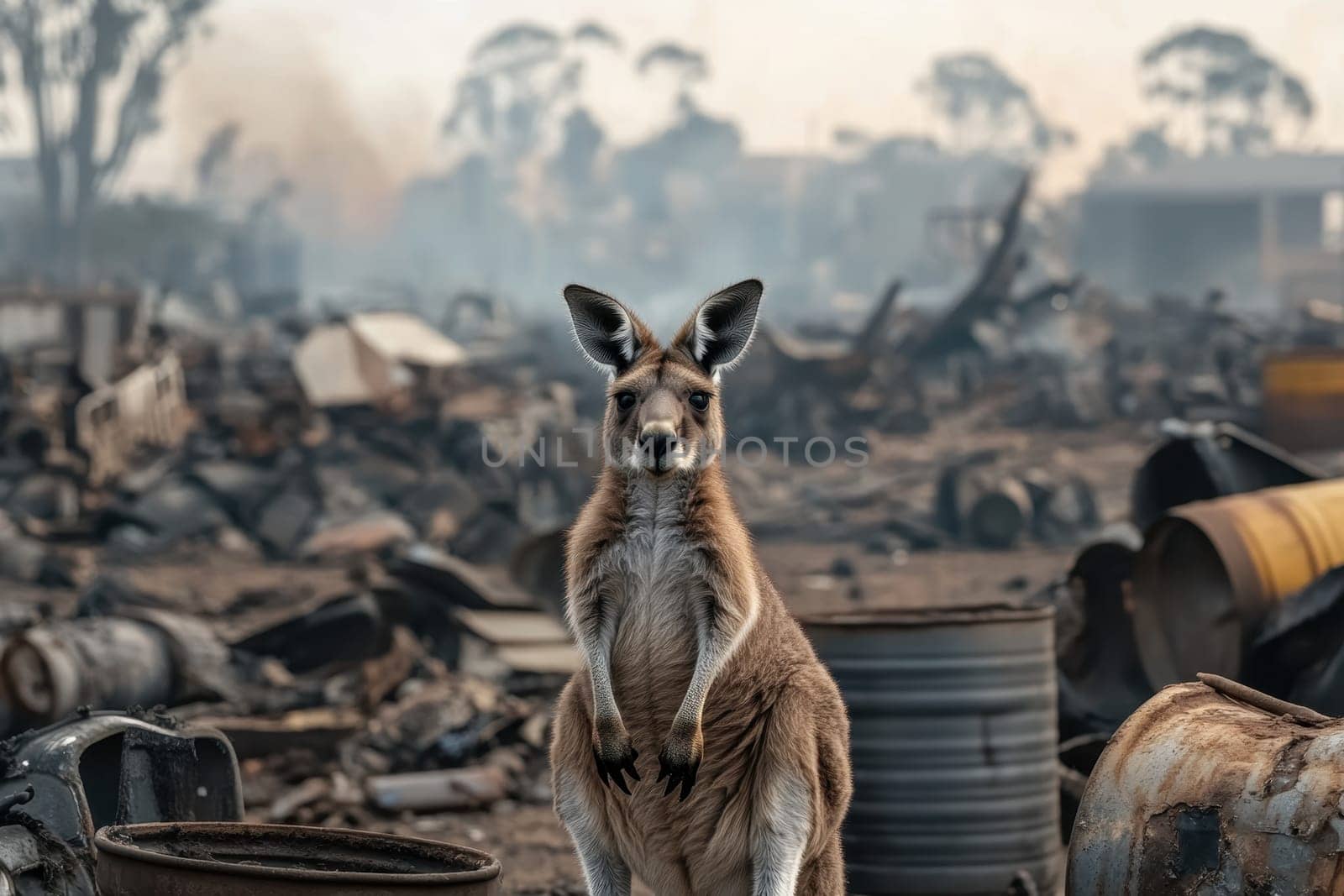 A kangaroo stands upright in a parched, cracked landscape filled with industrial debris. This striking image captures the resilience of wildlife in challenging environments.