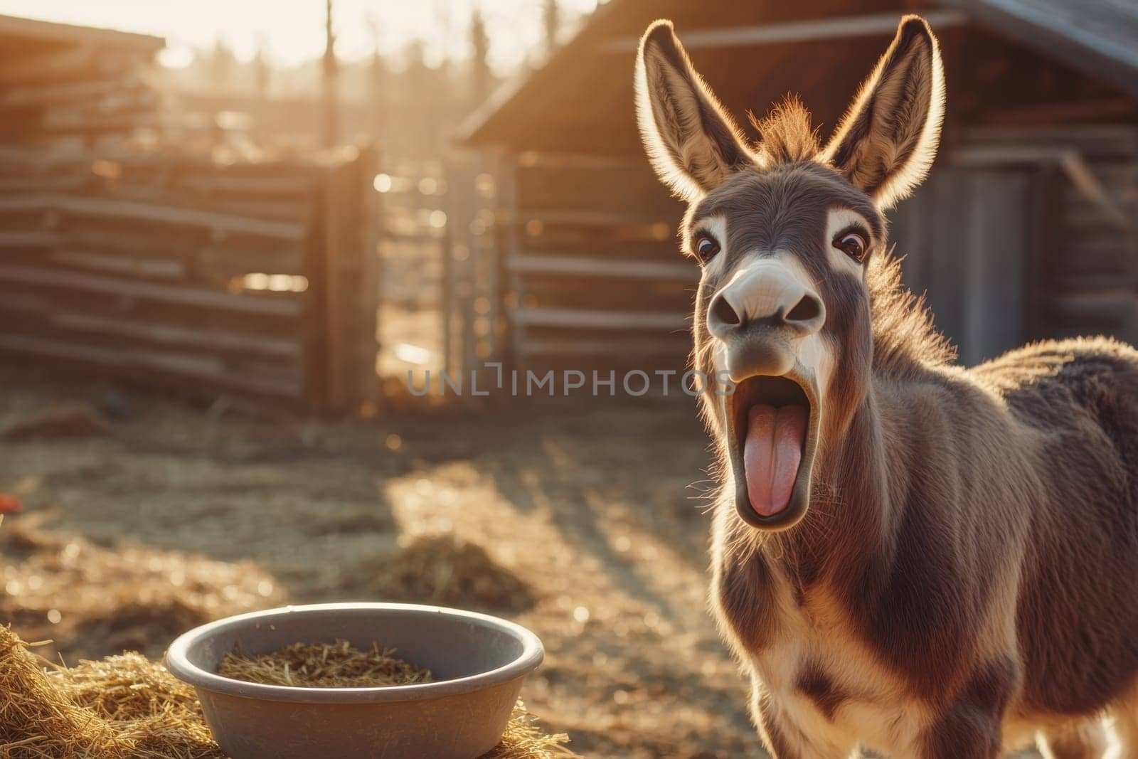 A donkey stands next to an empty food bowl, showcasing a playful expression with its mouth open. The farm setting captures a calm and serene moment in nature.