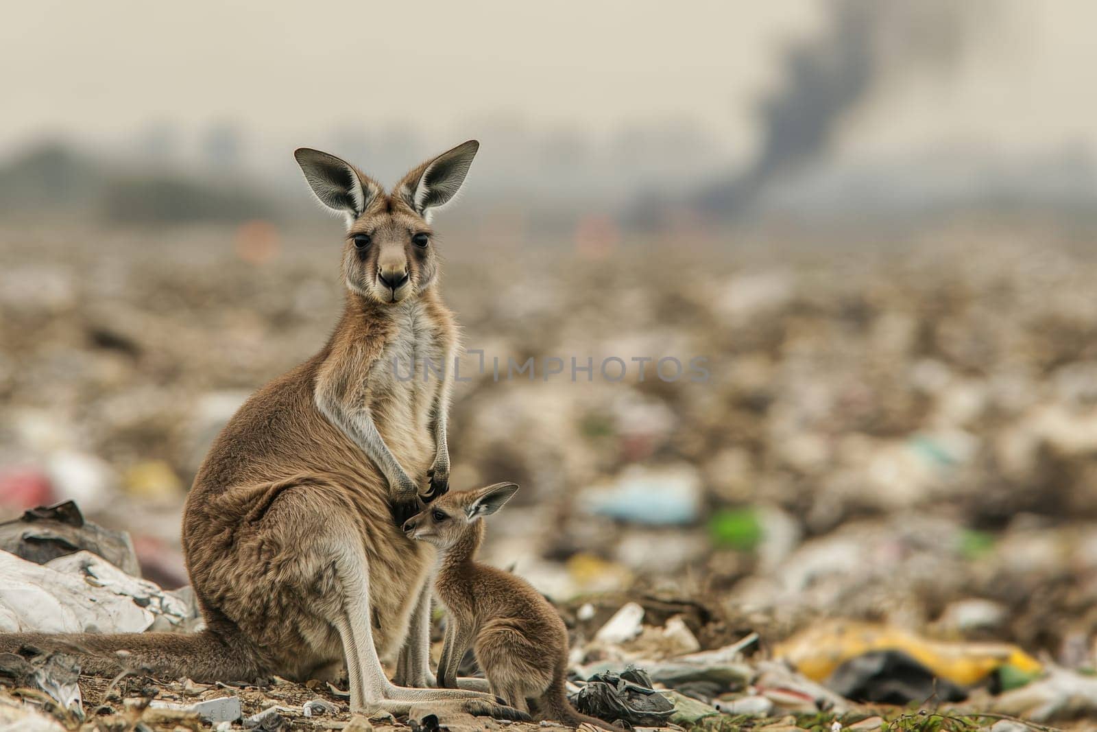 A kangaroo with a visible injury hops across a waste-filled landscape while caring for its young joey, highlighting the challenges of wildlife in polluted environments.