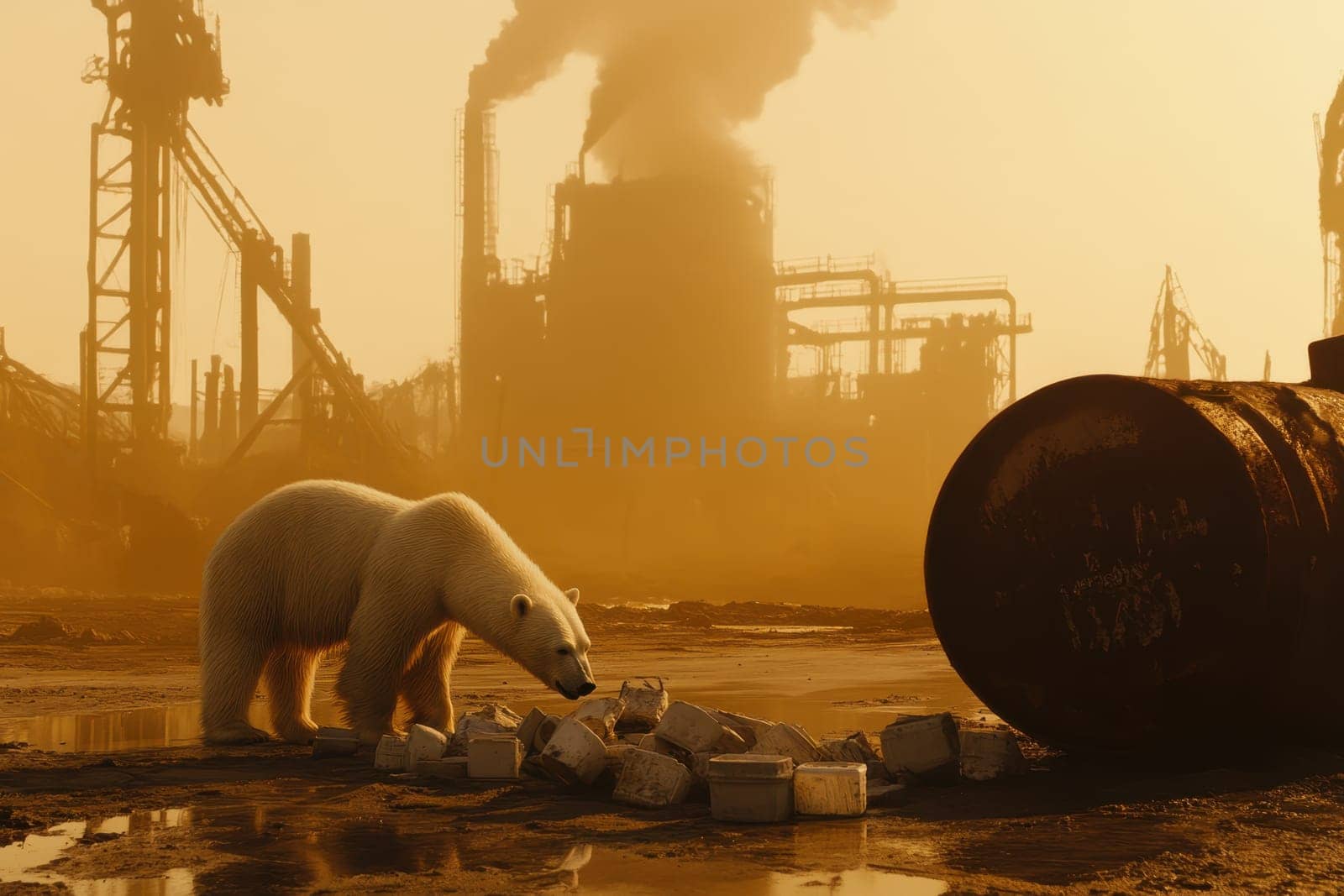 A lone emaciated polar bear scavenges through debris in an industrial area. The stark contrast highlights the impact of pollution and climate change on wildlife survival.
