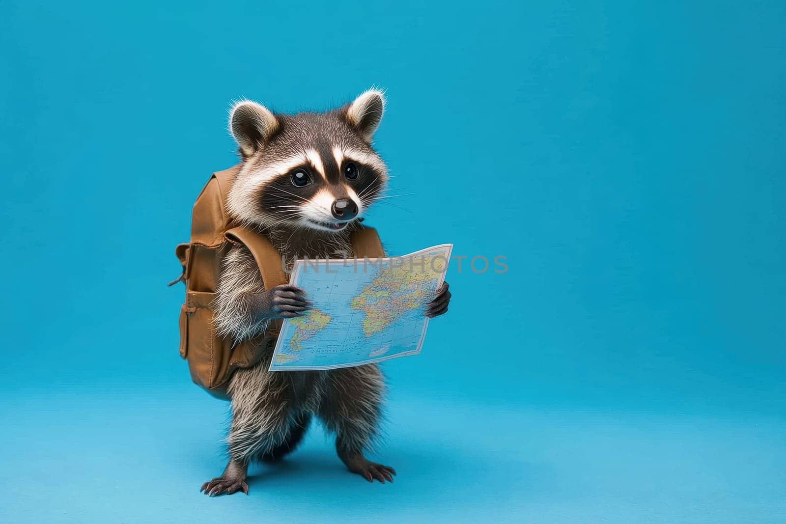 This adorable raccoon wears a tiny backpack while holding a map, featuring a bright blue background. Perfect for themes of adventure and exploration.