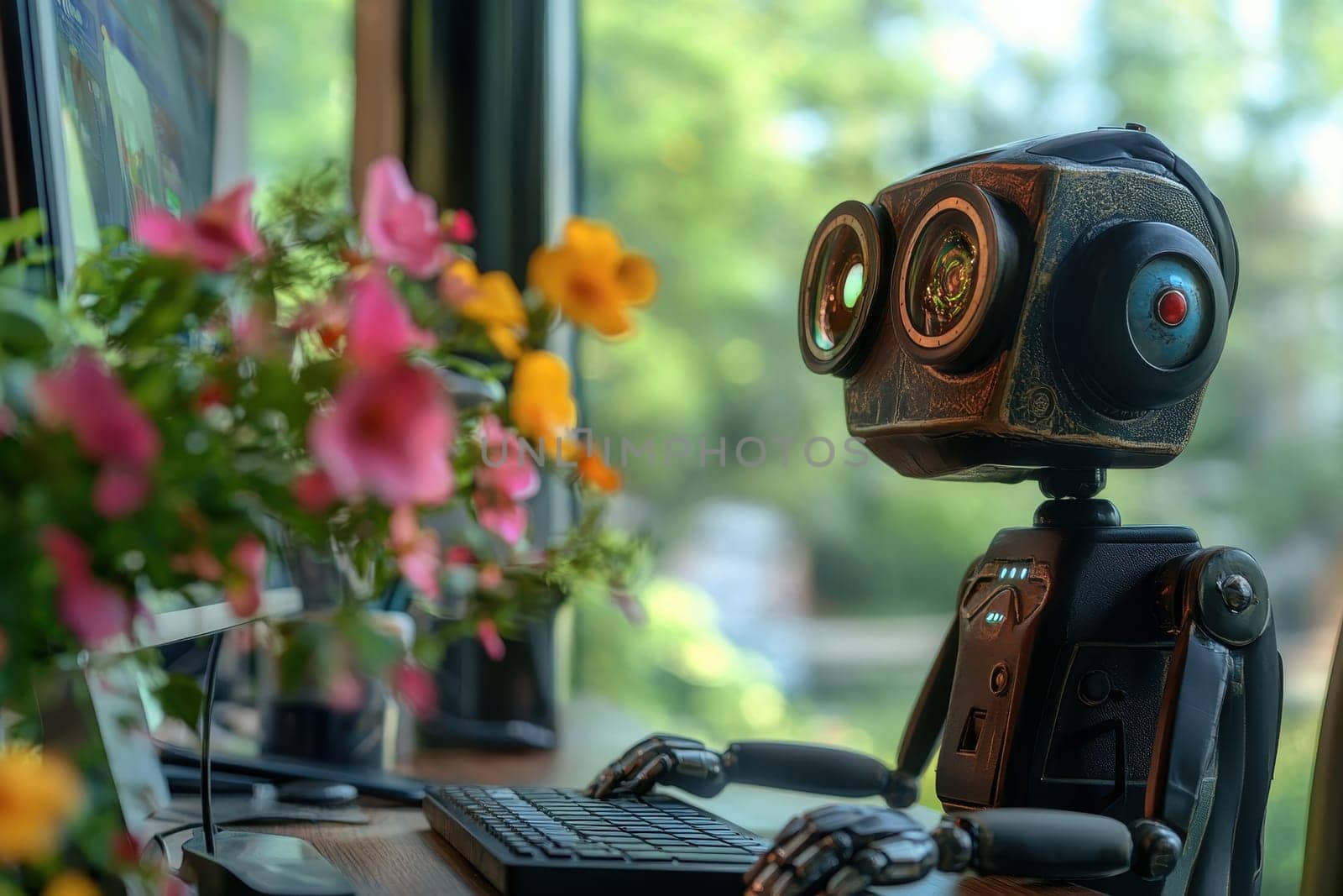 A futuristic AI powered robot assistant works diligently in a modern office, surrounded by vibrant flowers, showcasing a blend of technology and creativity.