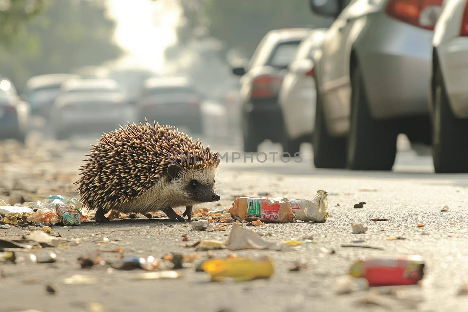 A hedgehog bravely navigates a busy road filled with litter and debris. This image captures the struggle of wildlife in urban environments facing pollution and danger.