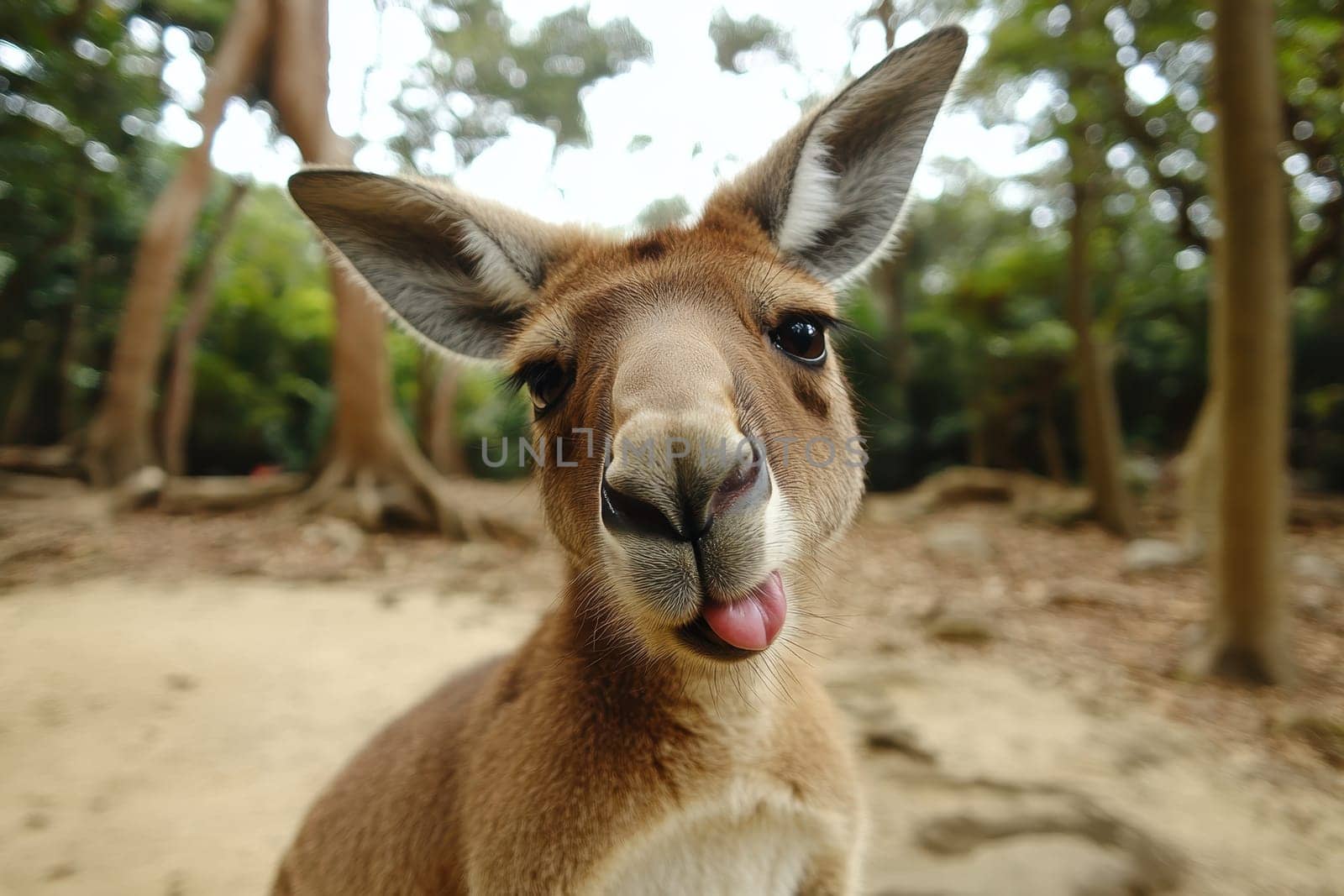 A playful kangaroo with a comical expression sticking out its tongue amidst a serene forest backdrop, showcasing the charm of wildlife and natural beauty.