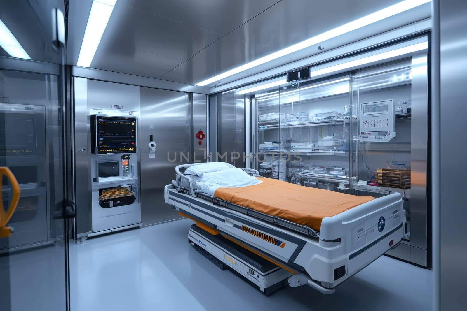 Explore a futuristic emergency room featuring advanced robotic paramedic technology, sterile environments, and modern design ideal for urgent healthcare scenarios.