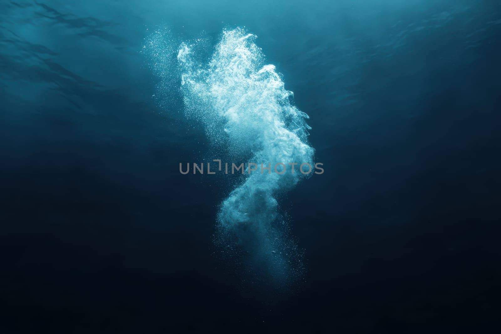 An ethereal digital light flare beautifully emerges from a dark water surface, creating an abstract underwater scene filled with tranquility and mystery.