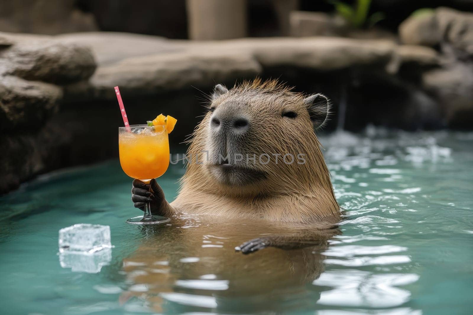 A capybara enjoys a leisurely soak in a hot spring while sipping a refreshing orange drink. This serene scene captures the essence of relaxation in nature, perfect for animal lovers.
