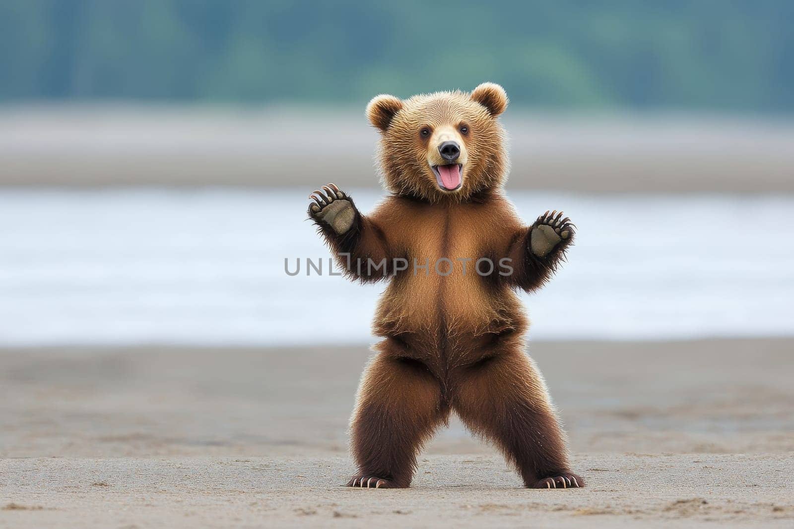A playful brown bear stands upright on its hind legs, showcasing a joyful expression. The bear is surrounded by a natural habitat, creating a lighthearted scene.