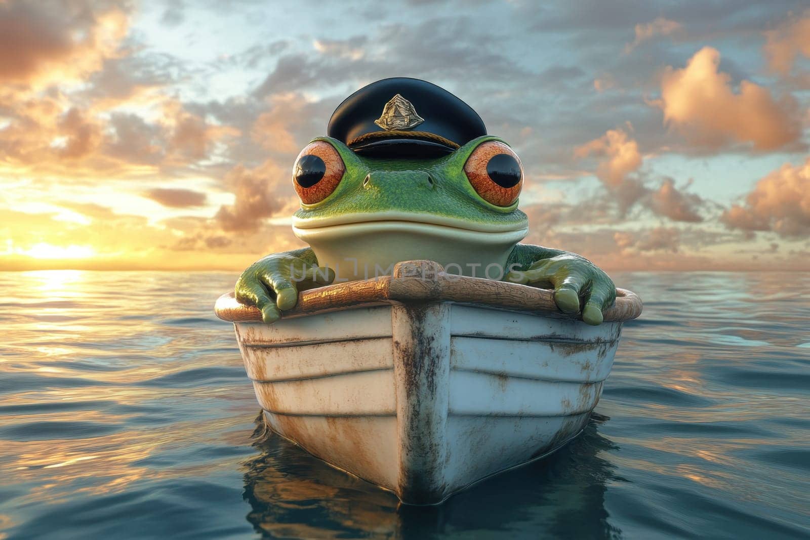 A cheerful frog wearing a captain's hat sits confidently in a boat on serene waters during sunset. The scene captures a whimsical moment filled with joy and adventure.