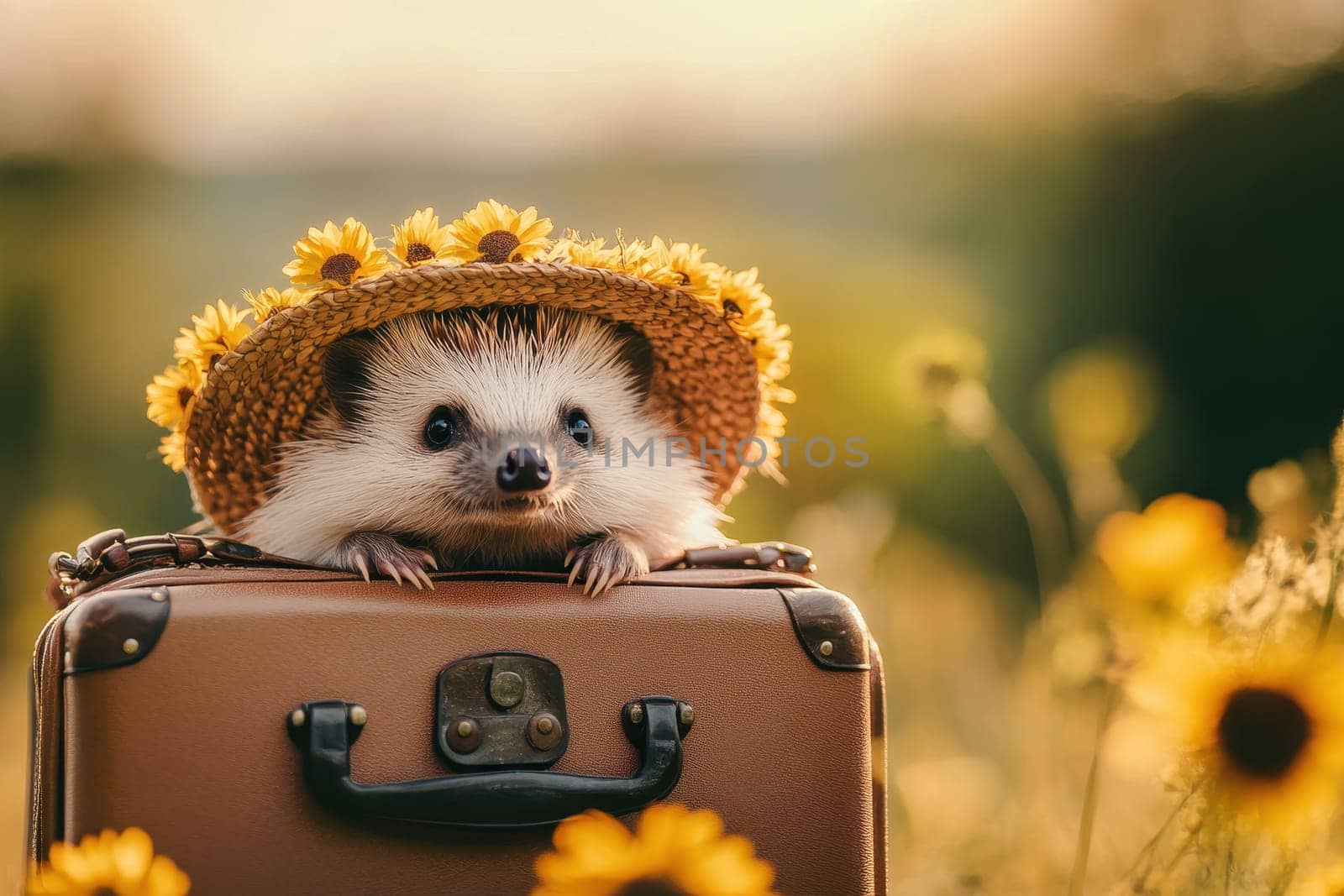 An adorable hedgehog peeks out of a suitcase, donning a straw hat adorned with flowers. This charming scene captures the joy of exploration and nature beauty.