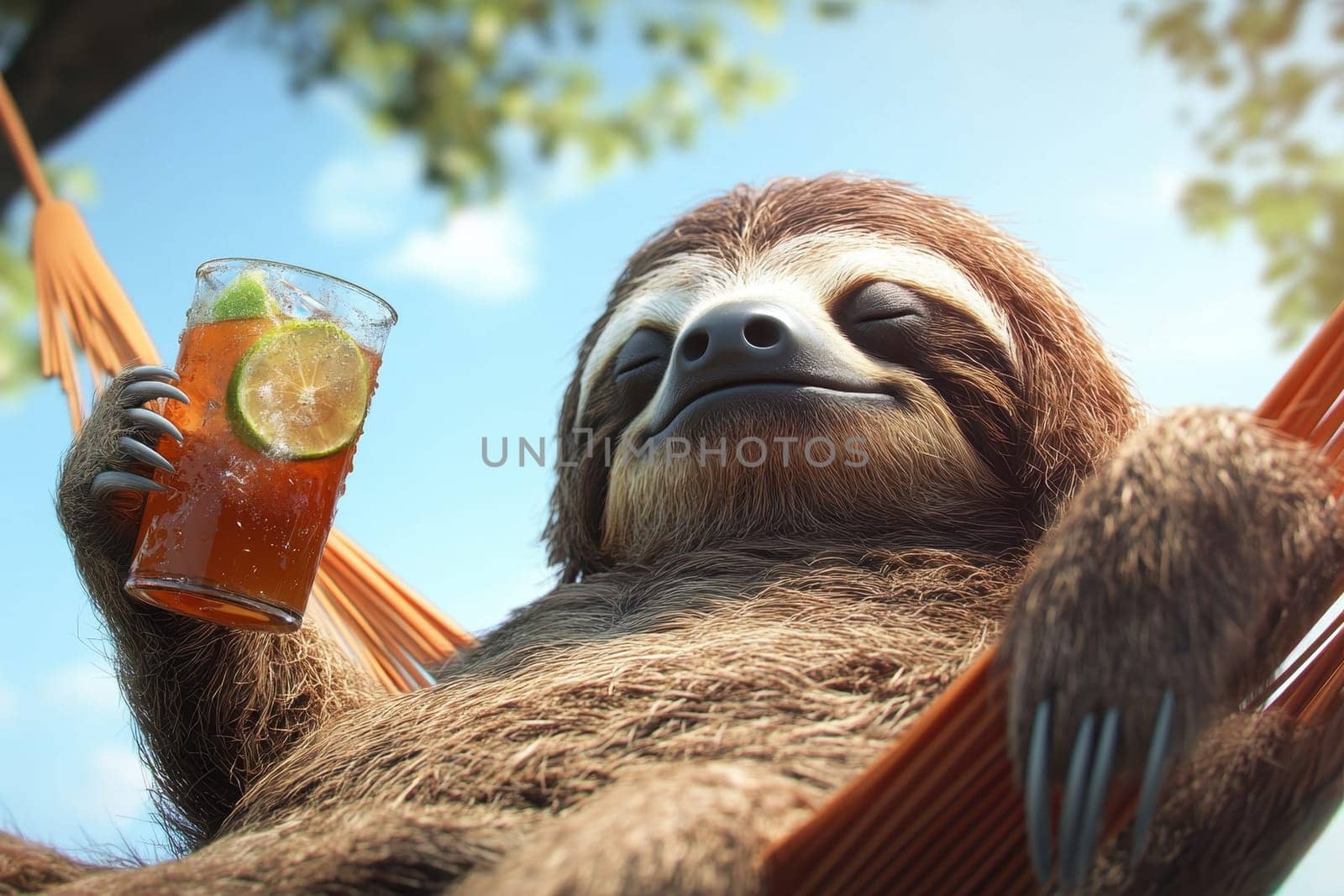 A lazy sloth relaxes in a hammock, blissfully sipping a drink under the sun. Surrounded by nature, this serene moment captures the essence of relaxation and tranquility.
