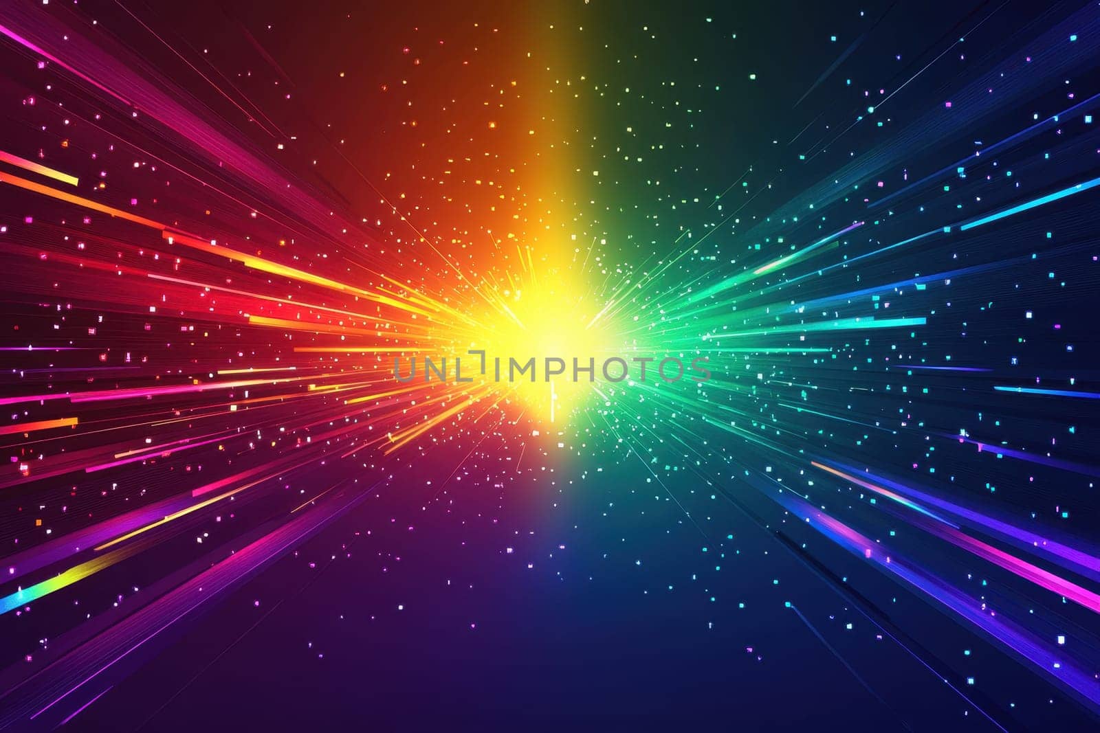 A vibrant and futuristic background with pixelated light effects in rainbow colors. This abstract design radiates energy and positivity, perfect for celebrations.