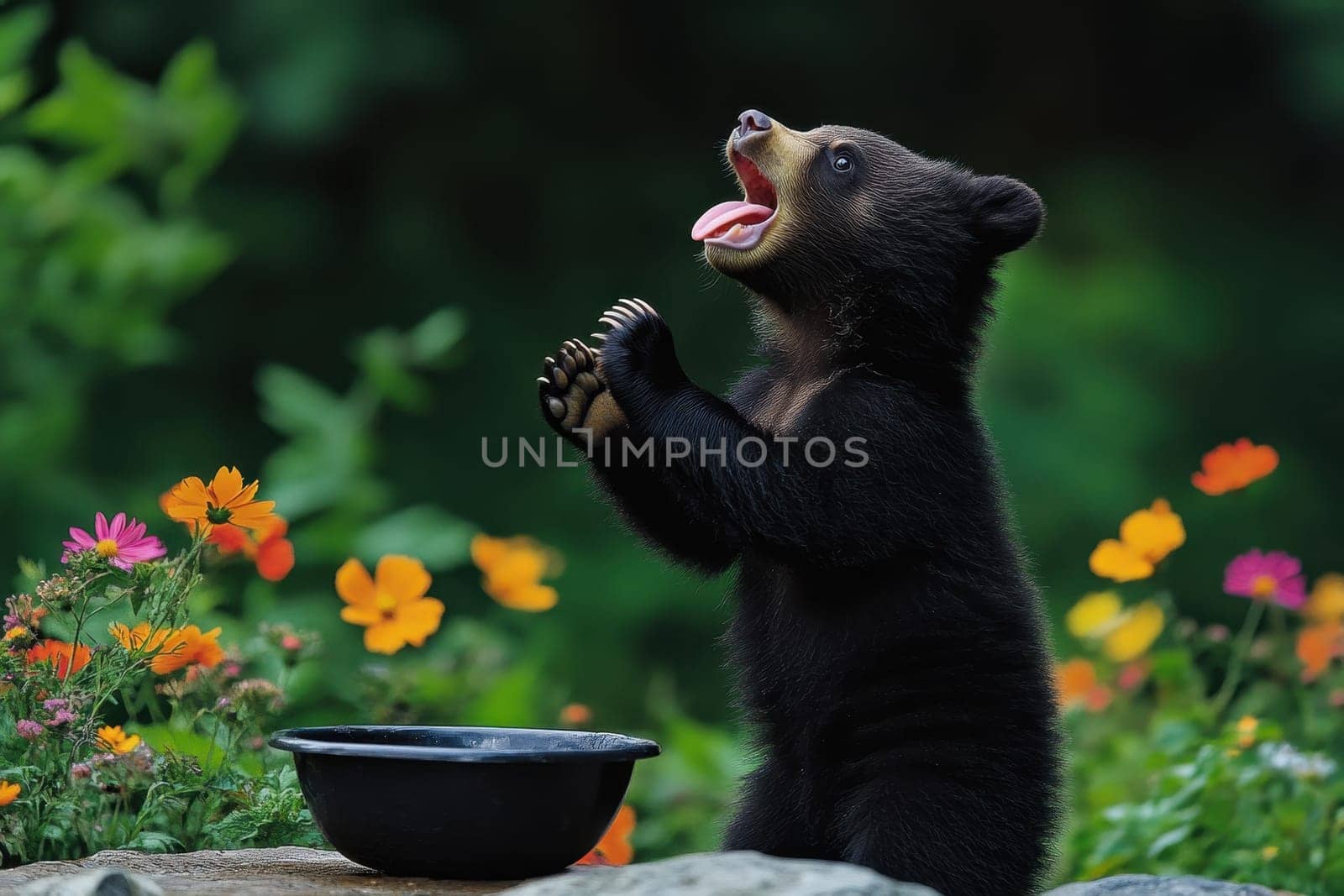 A young bear cub stands on its hind legs with mouth open in a delightful display, surrounded by colorful flowers in a serene outdoor setting.