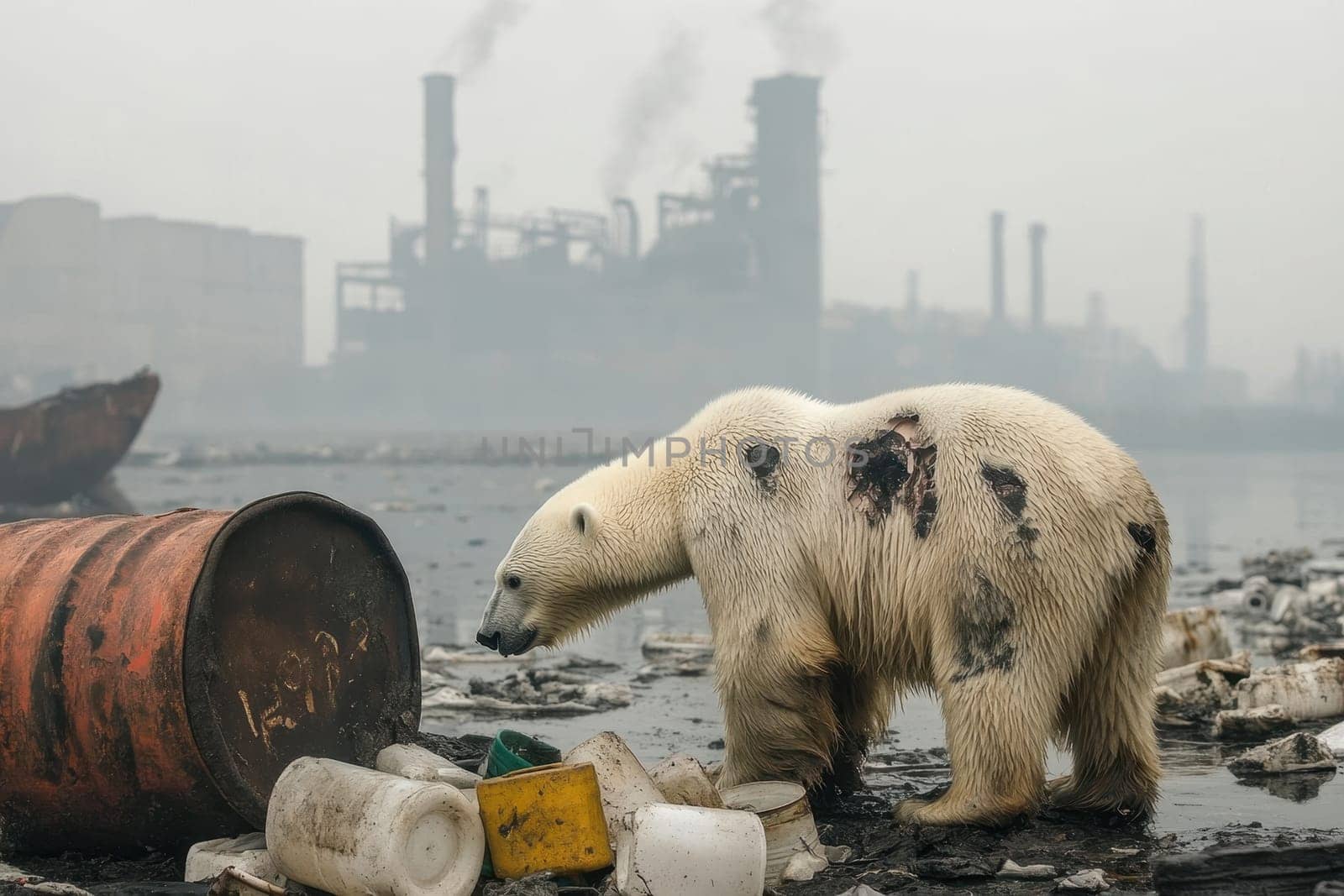 A lone, emaciated polar bear scavenges through a pile of waste, highlighting the challenges of survival in a polluted, industrial landscape.