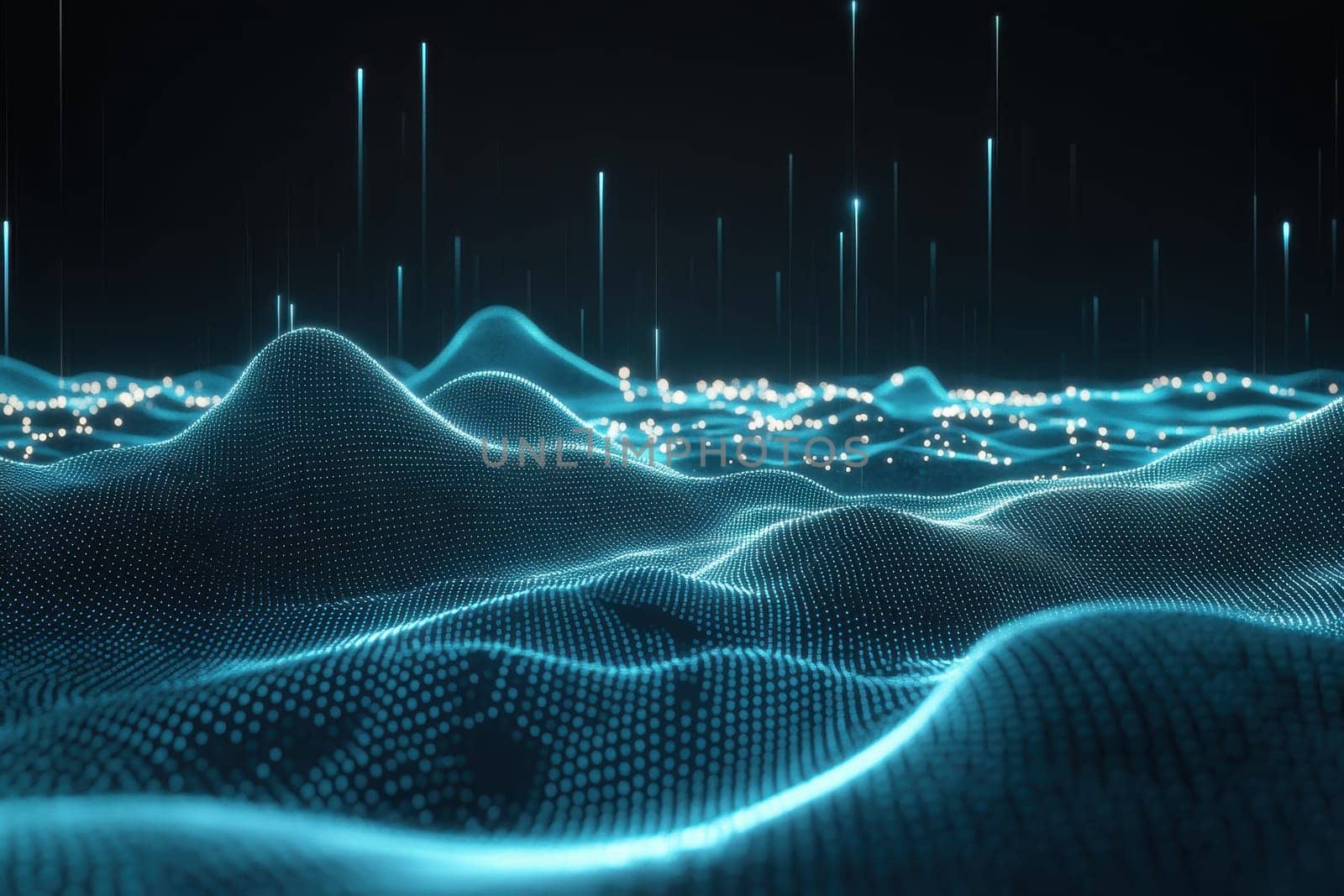 Experience a deep futuristic digital sky with flowing blue elements and glowing points, creating an abstract landscape that captures the essence of modern technology.