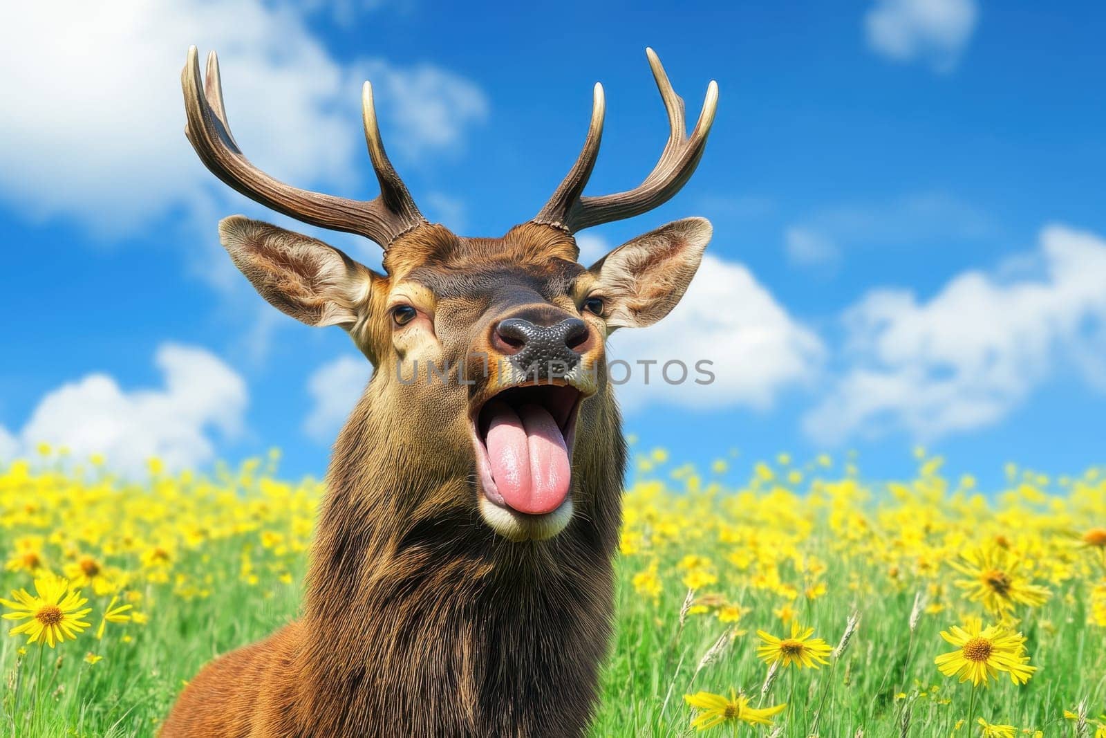 A majestic stag poses playfully in a sunlit meadow filled with vibrant flowers. This beautiful scene captures the essence of wildlife, nature, and joy.