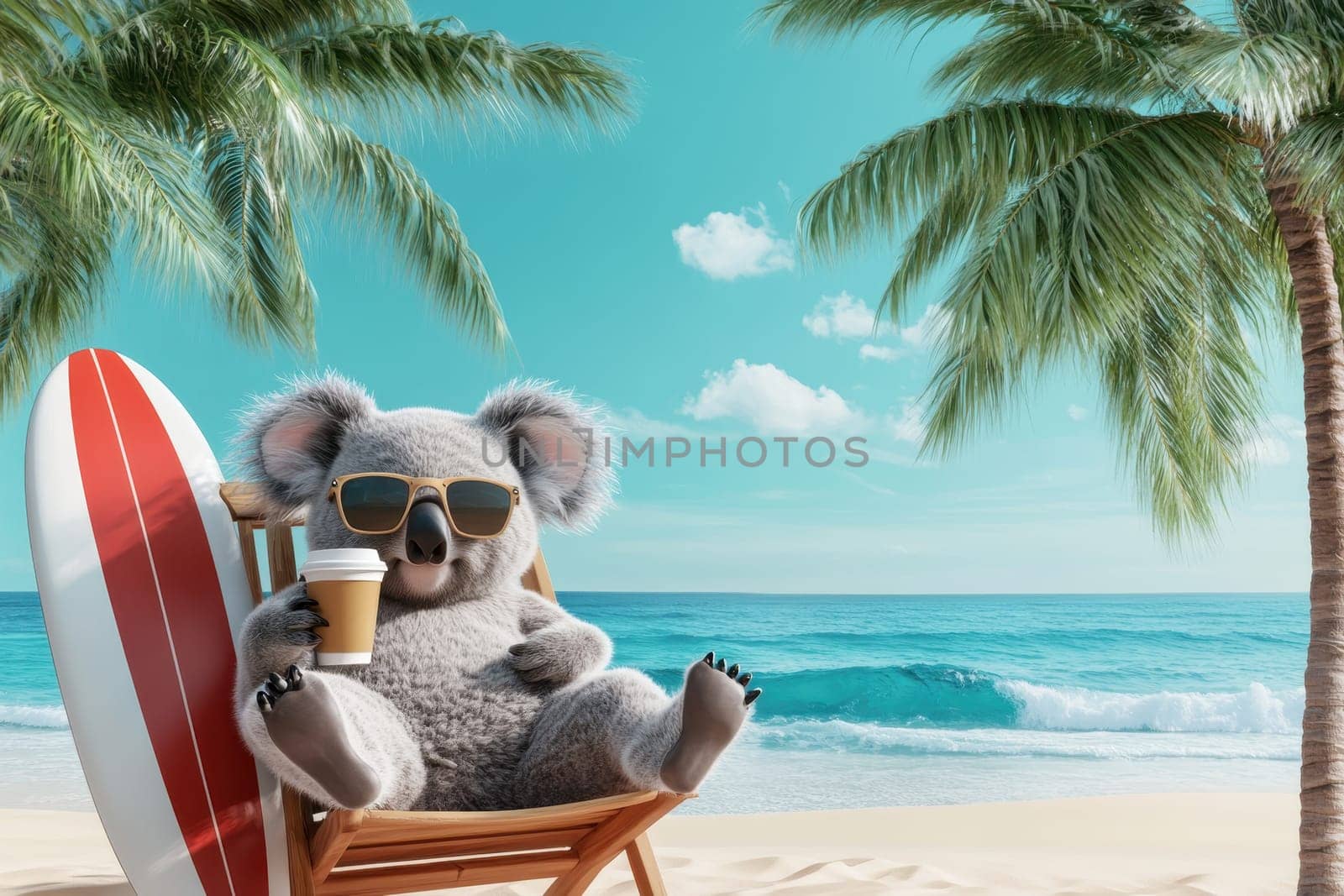 A cool koala wearing sunglasses relaxes on a tranquil beach chair, savoring a drink with vibrant palm trees and a stunning ocean backdrop. Perfect for summer vibes!