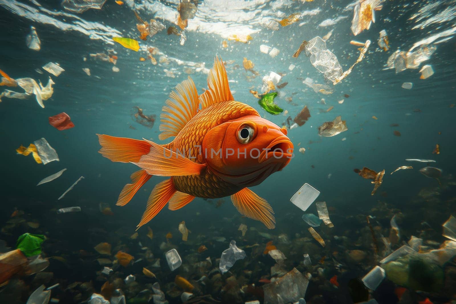 Witness a striking underwater scene featuring a fish swimming amidst plastic debris. This powerful image highlights the urgent issue of ocean pollution and its impact on marine life.
