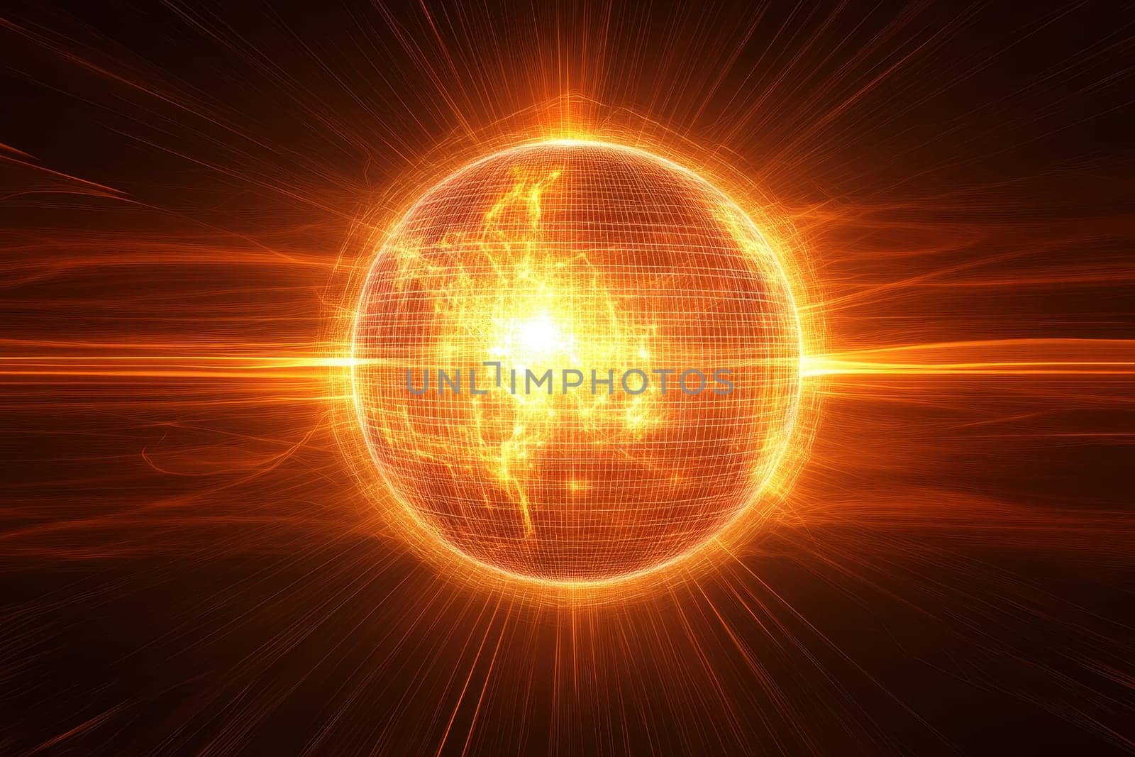 A stunning glowing wireframe globe at the center, radiating vibrant light and dynamic rays in an abstract digital setting, perfect for technology and science themes.