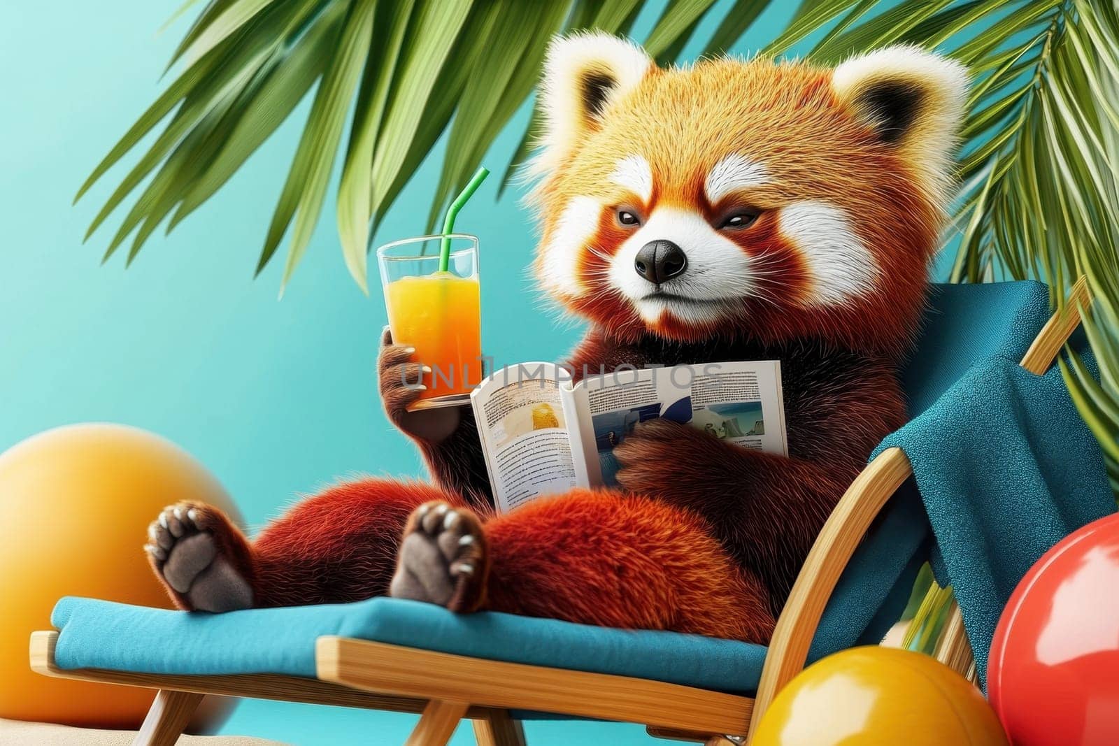 A stylish red panda lounges comfortably in a beach chair, sipping a refreshing drink while reading a magazine. Surrounded by vibrant colors and tropical elements, this cheerful scene captures a perfect moment of relaxation and joy.