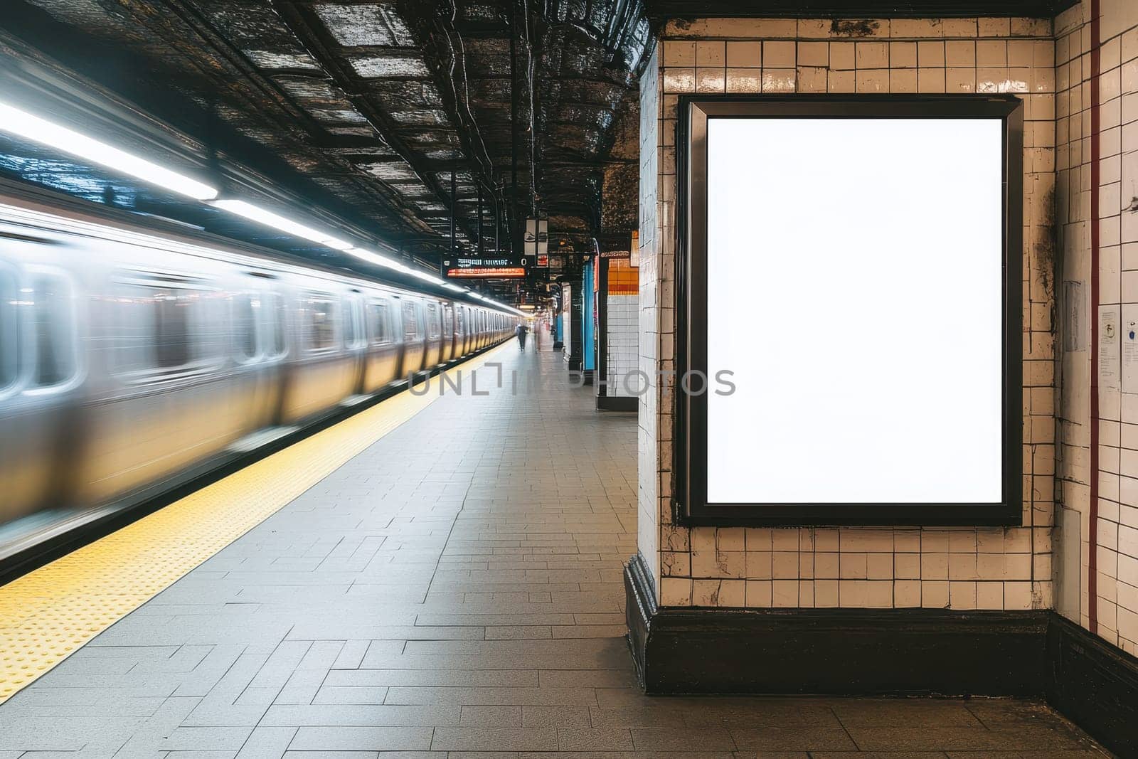 A blank advertising board stands on a subway platform while a train rushes by, capturing the essence of urban transit and the dynamic city life.