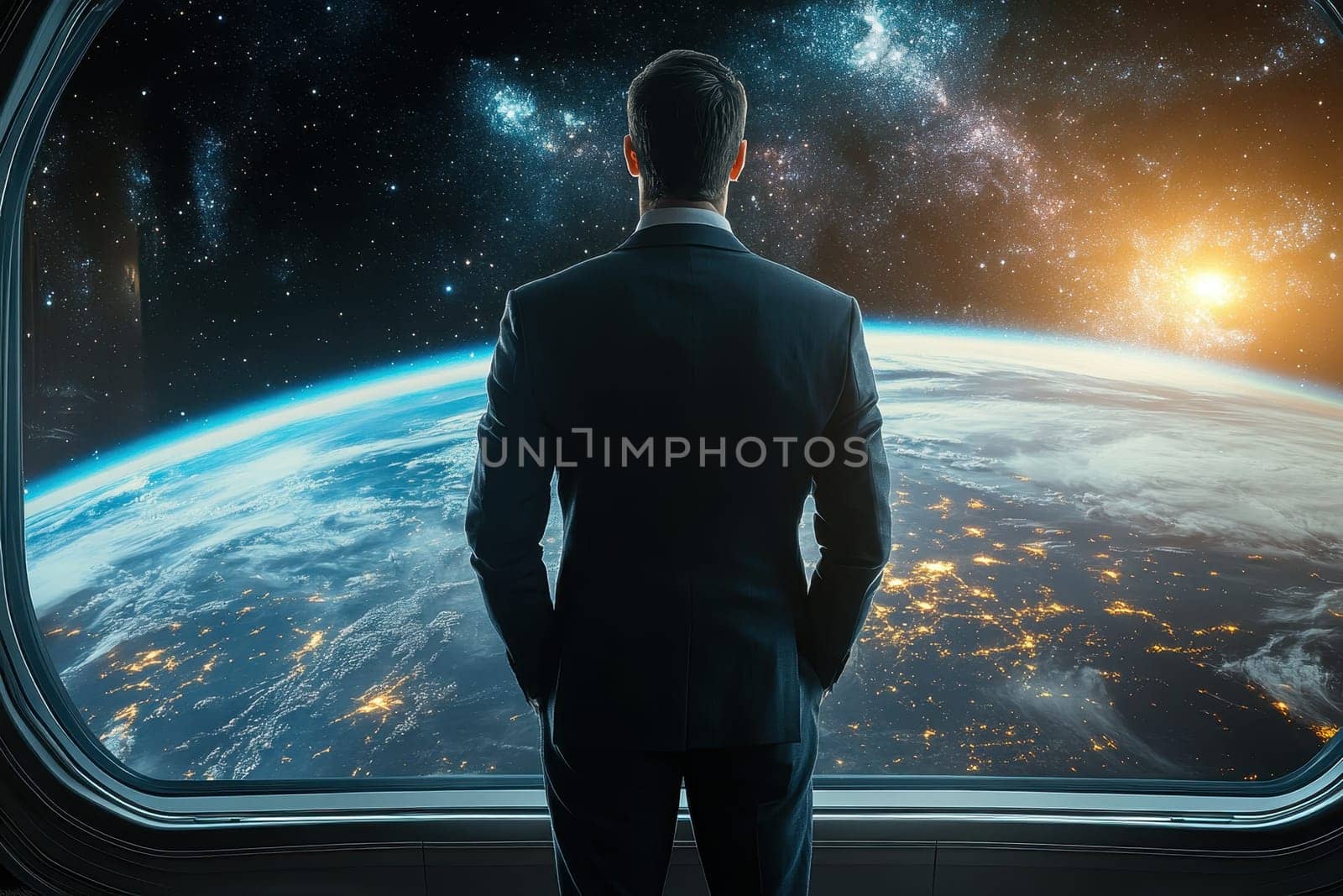An executive gazes thoughtfully at a vast star field from a space observation window, embodying ambition and inspiration in a cosmic setting.