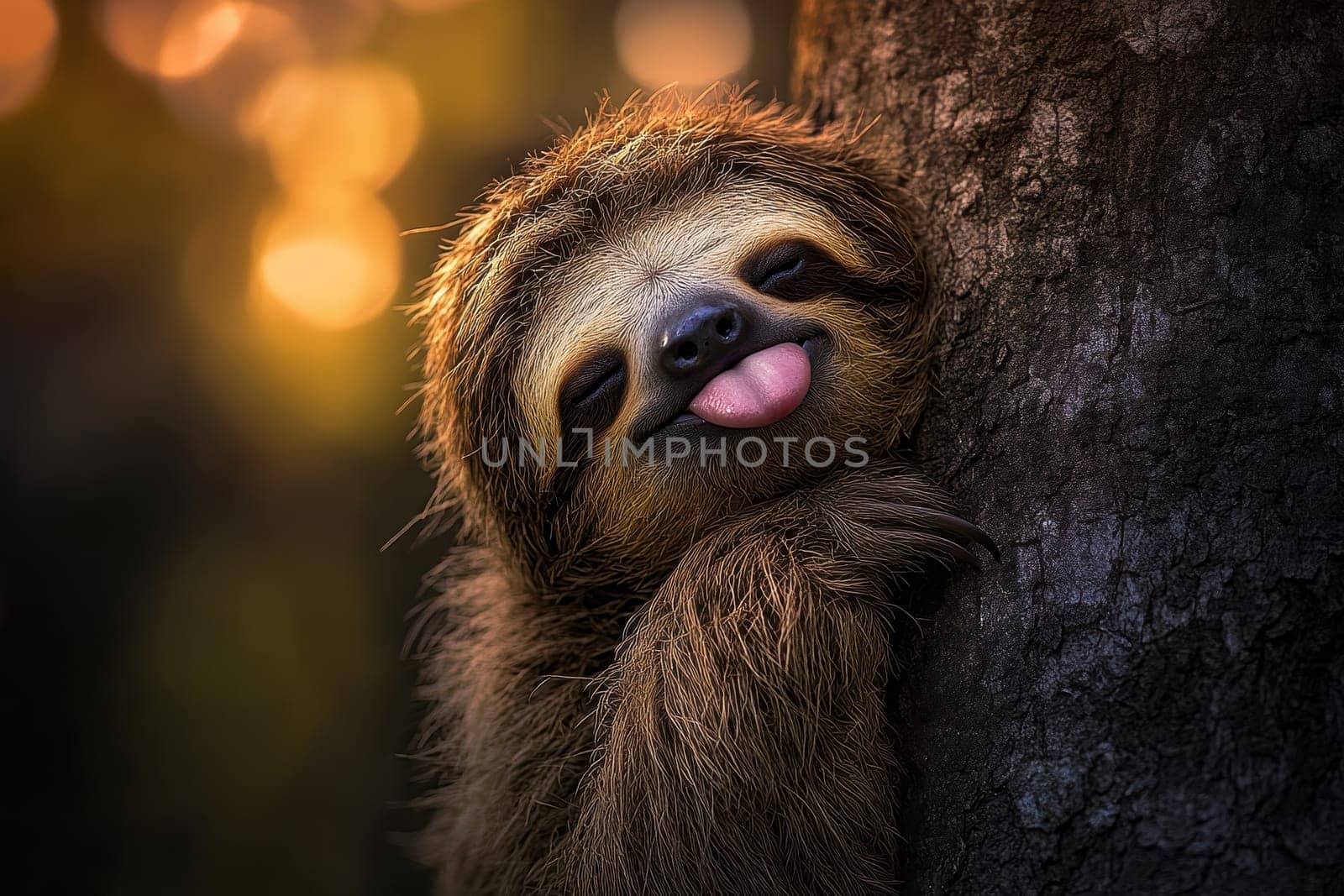 This image captures a sleepy sloth hanging lazily from a tree, embodying tranquility and relaxation. The warm sunset glow enhances the serene atmosphere in a lush forest setting.
