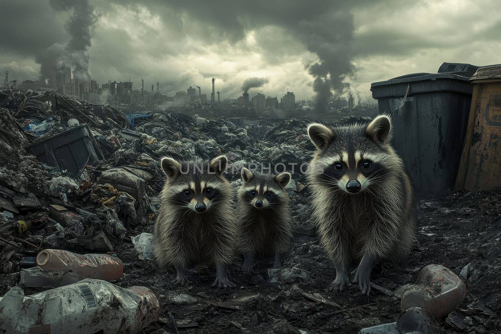 A family of raccoons with gleaming eyes explores a dim, urban landscape filled with trash, reflecting their adaptability and curiosity in a polluted environment.
